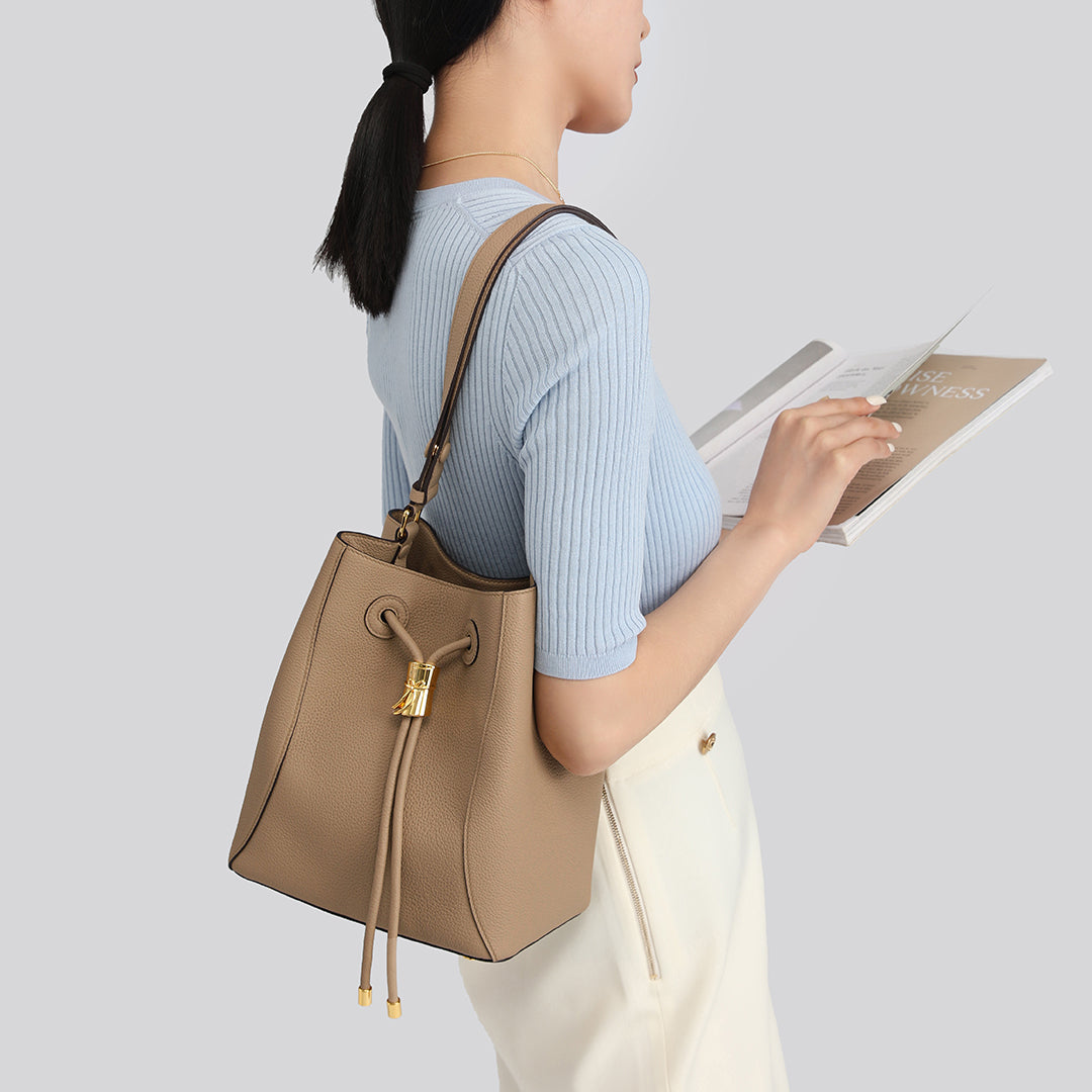 Handmade Apricot TOGO Leather Shoulder Bucket Bag