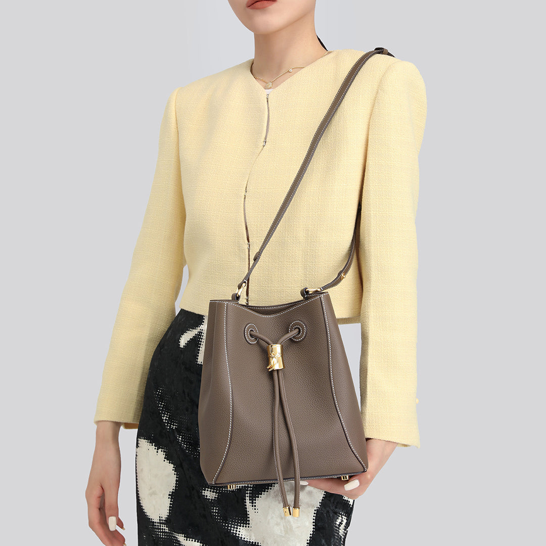 Handmade Etoupe TOGO Leather Shoulder Bucket Bag