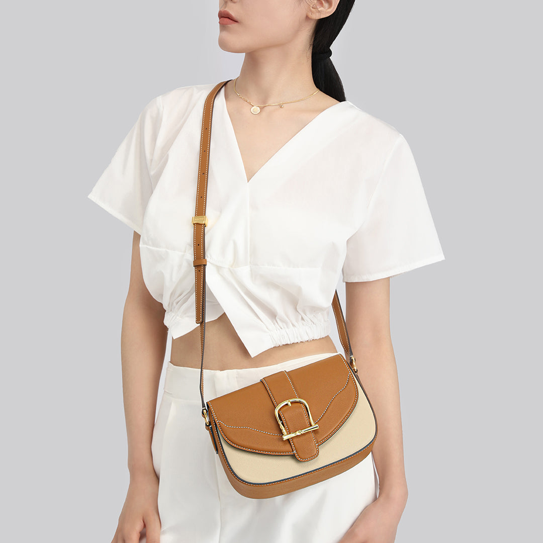 Handmade Milk Tea SWIFT Leather Crossbody Flap Saddle Bags