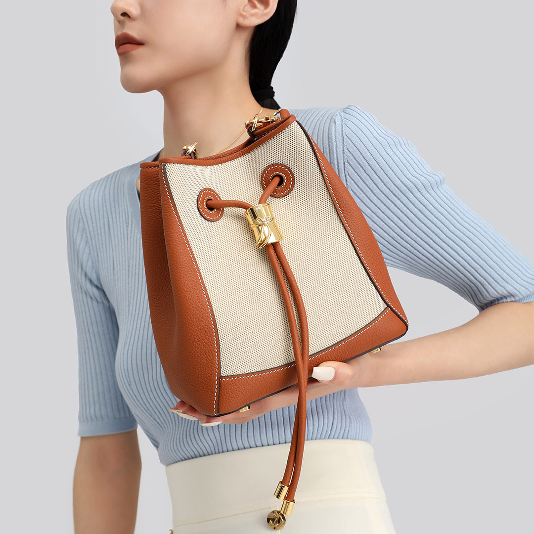 Handmade Gold Brown TOGO Leather Shoulder Bucket Bag - Small