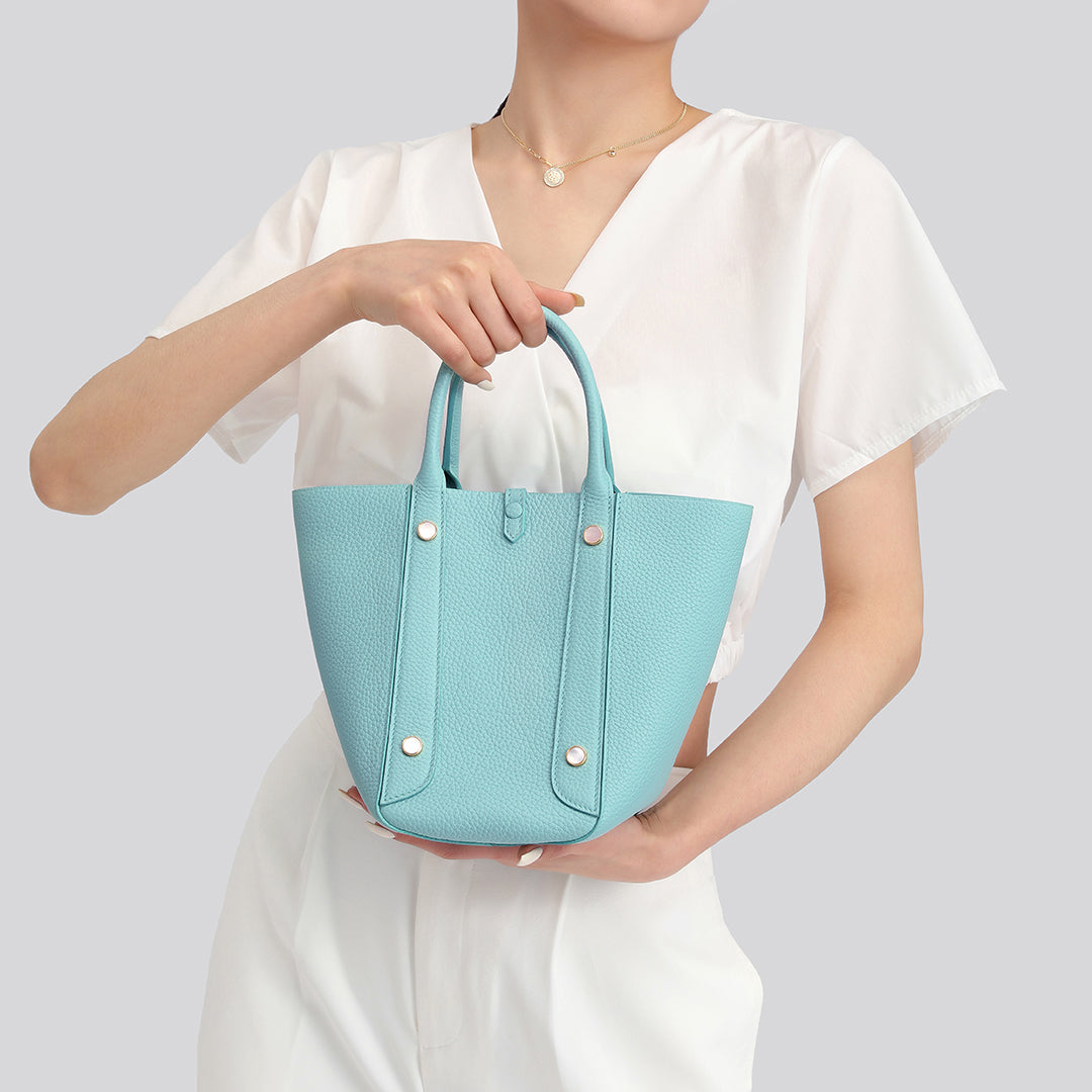 Handmade Macaron Blue TOGO Leather Picotin Tote Bag - Small