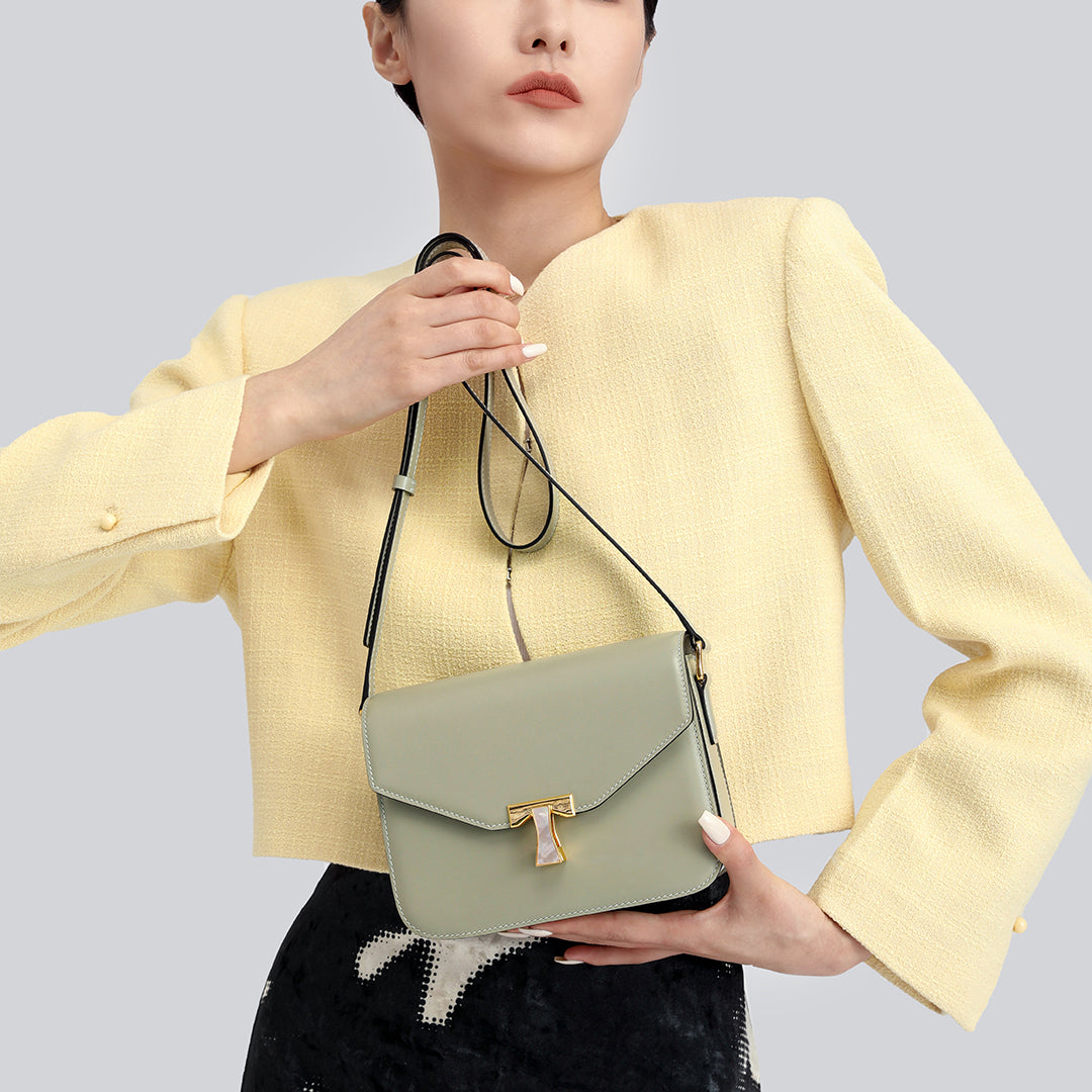 Handmade Green BOX Glossy Leather Tofu Crossbody Bag