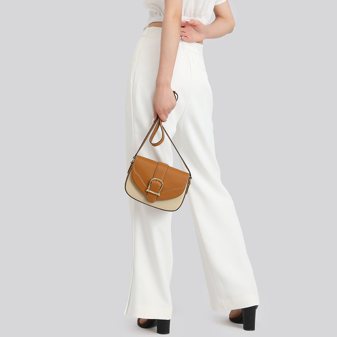 Handmade Milk Tea SWIFT Leather Crossbody Flap Saddle Bags
