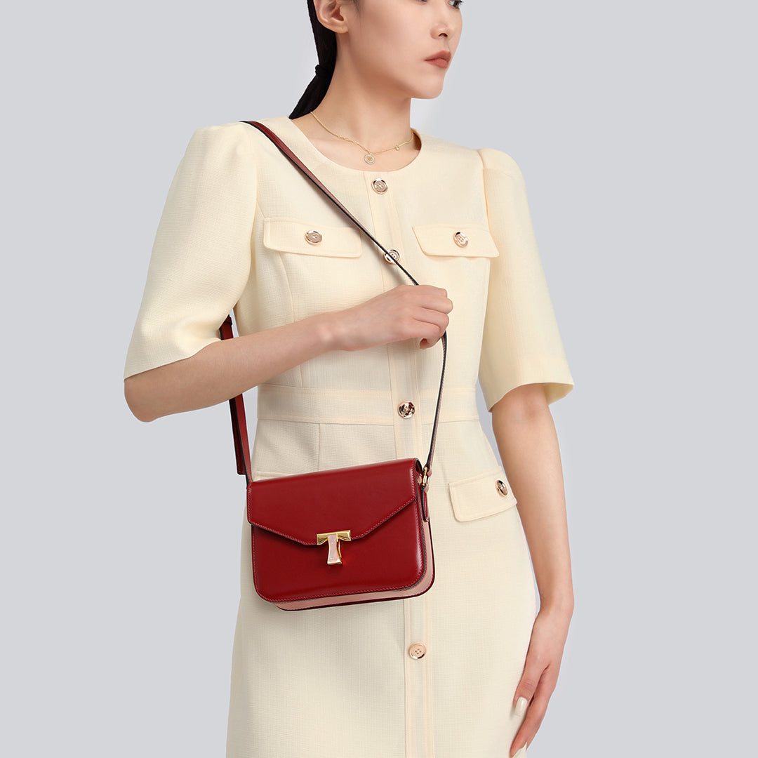 Handmade Red BOX Glossy Leather Tofu Crossbody Bag