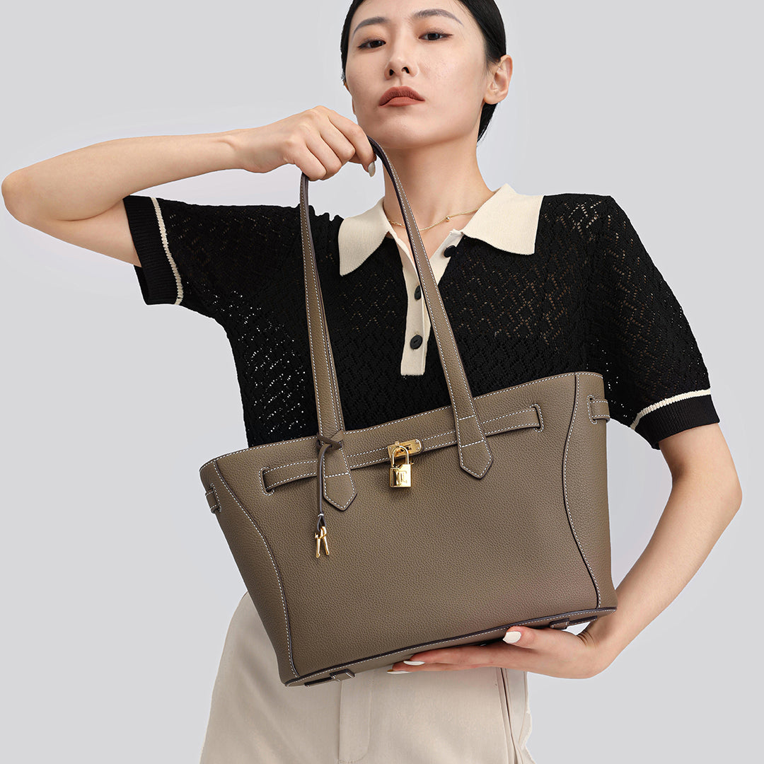 Handmade Etoupe TOGO Leather Shoulder Tote Bag