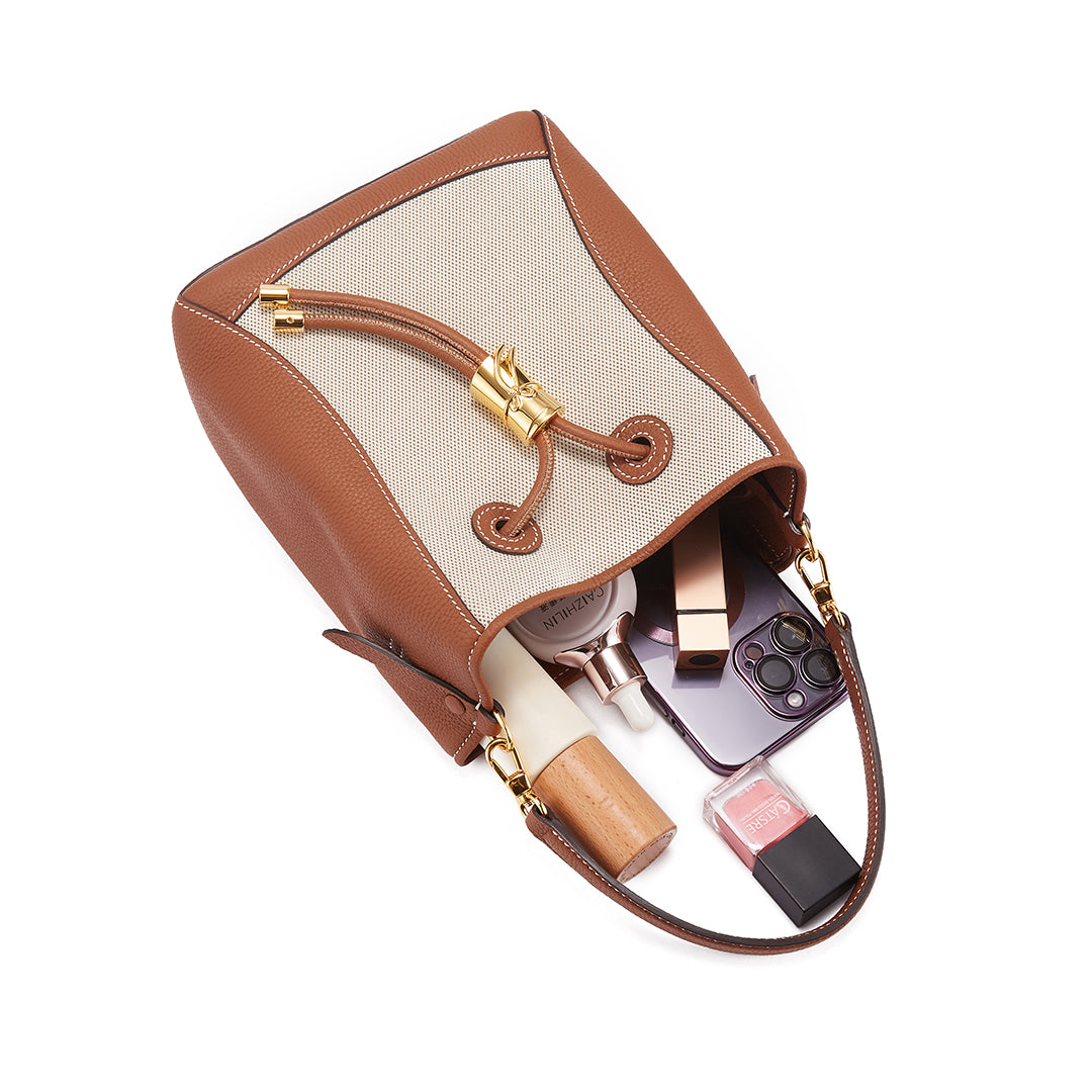 Handmade Gold Brown TOGO Leather Shoulder Bucket Bag - Small