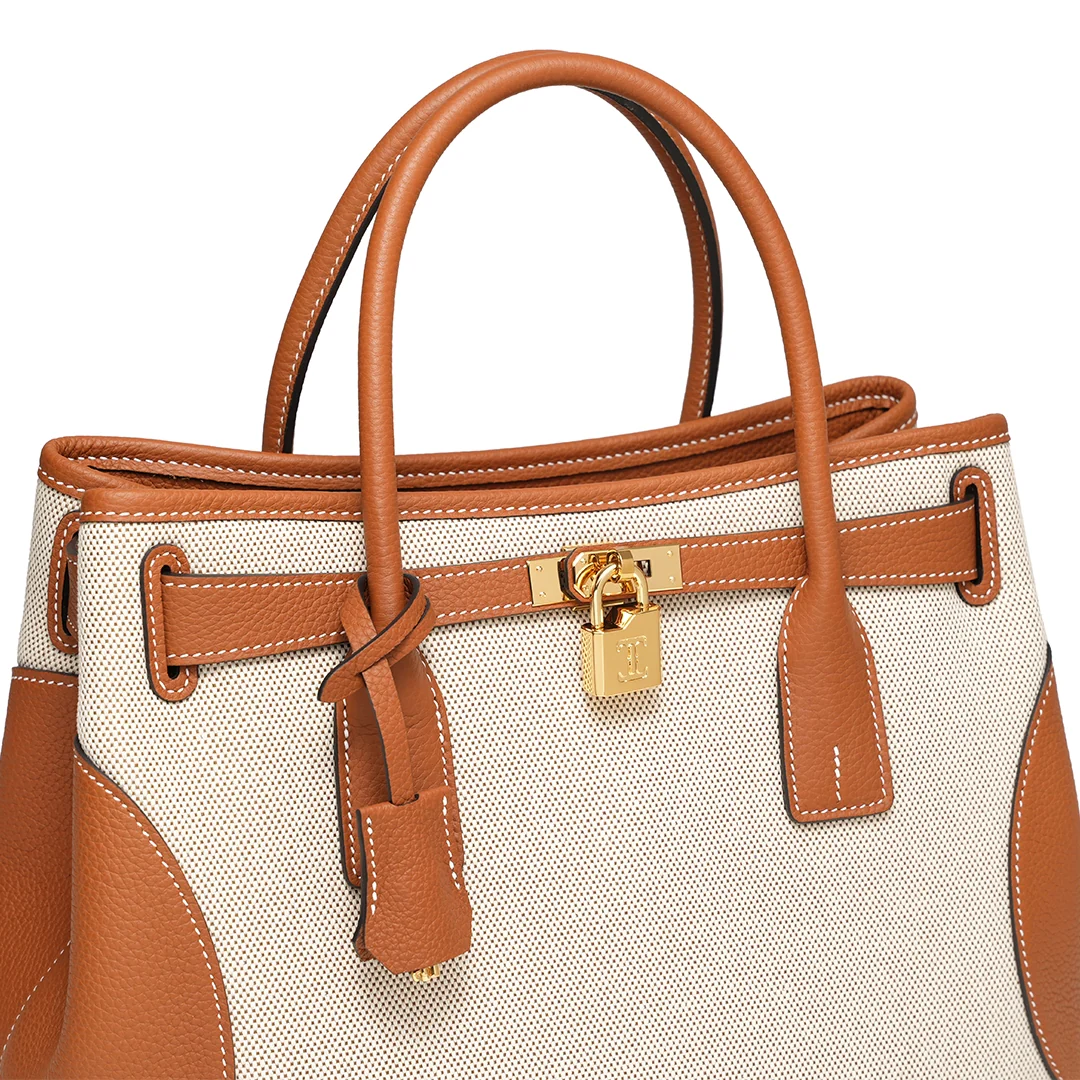 Handmade Gold Brown Canvas TOGO Leather Tote Bags