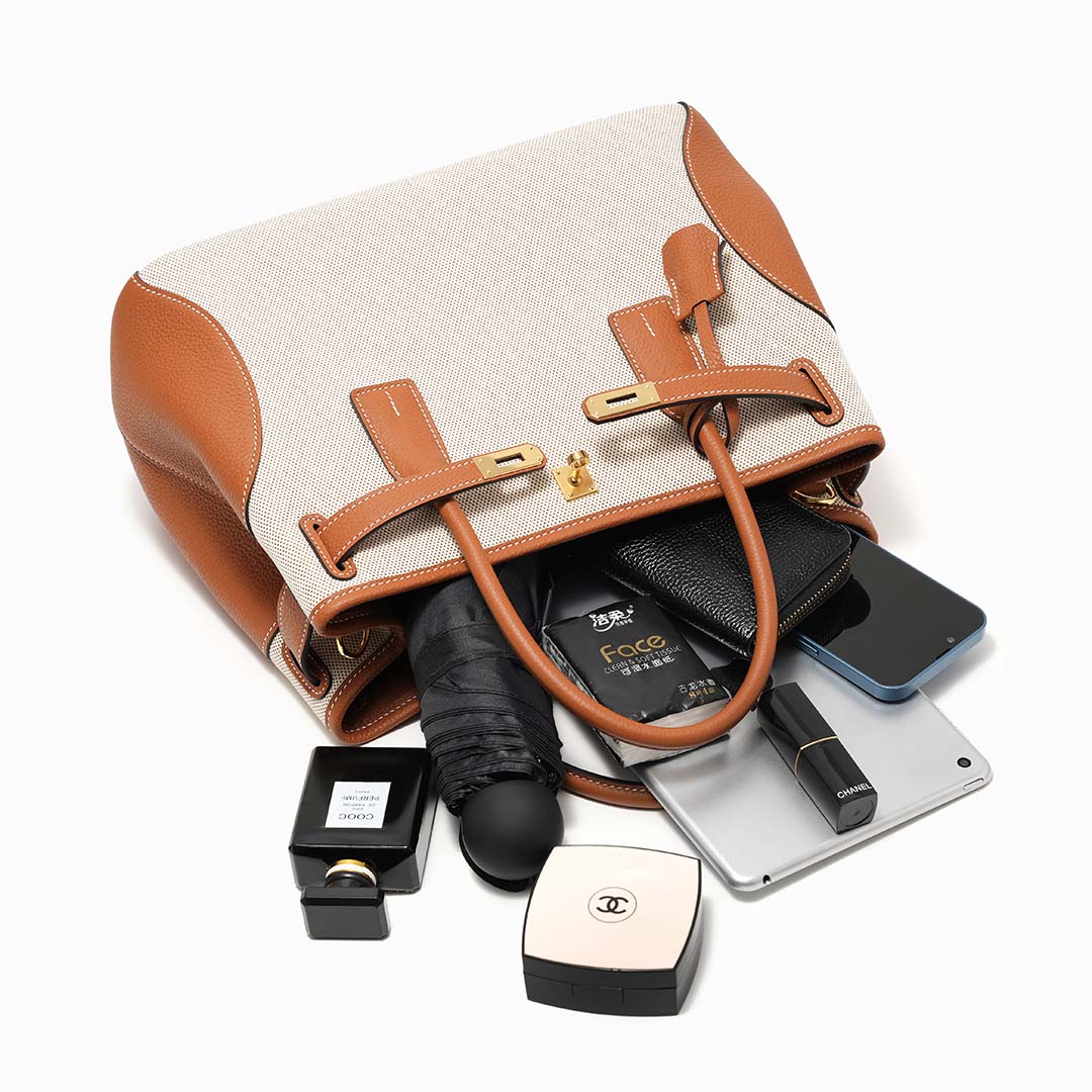 Handmade Gold Brown Canvas TOGO Leather Tote Bags