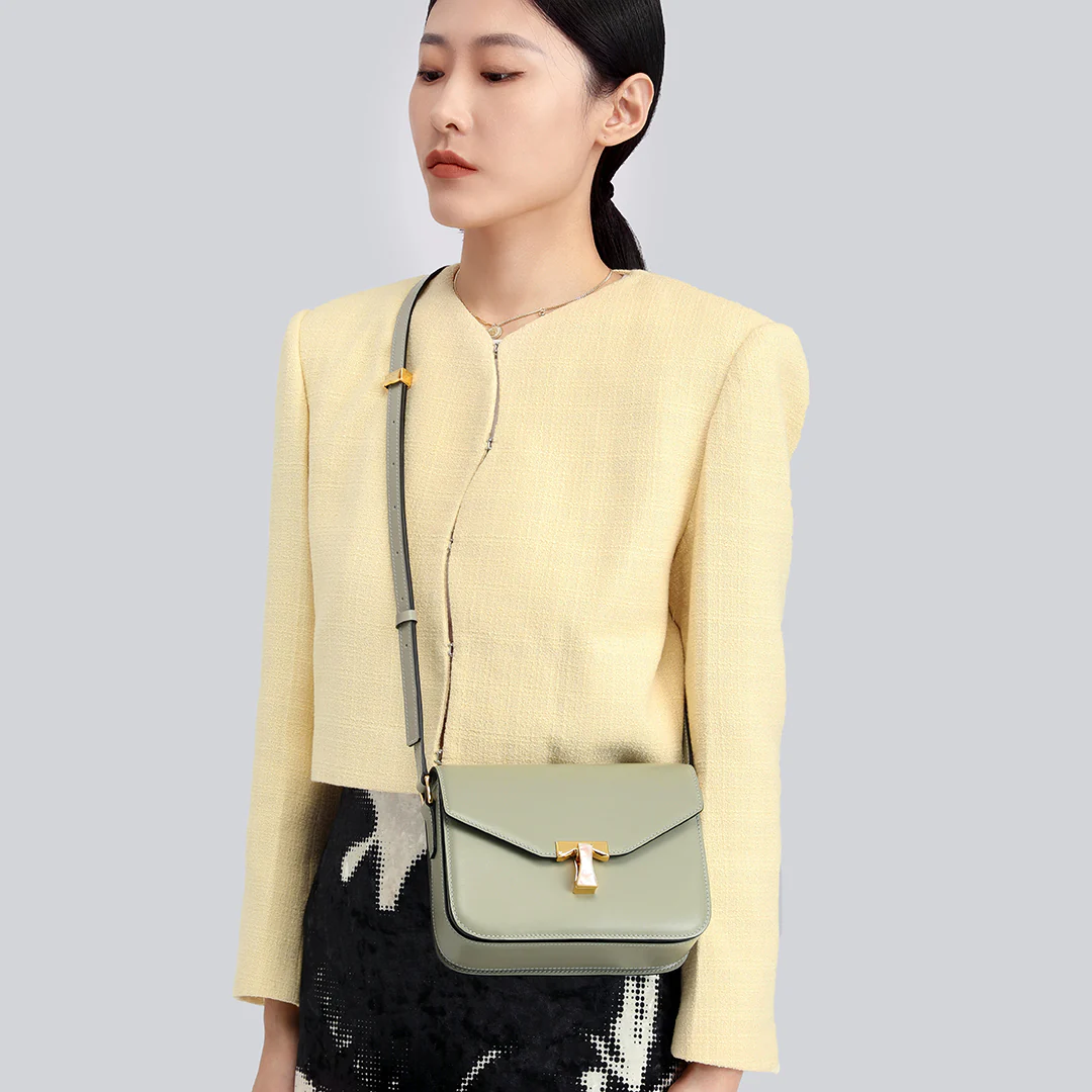 Handmade Green BOX Glossy Leather Tofu Crossbody Bag