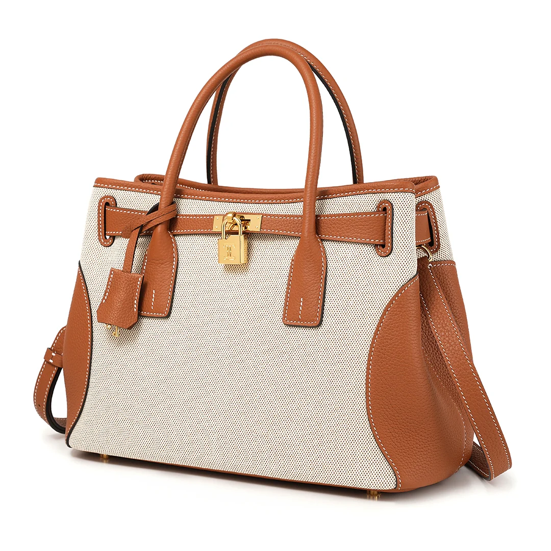 Handmade Gold Brown Canvas TOGO Leather Tote Bags