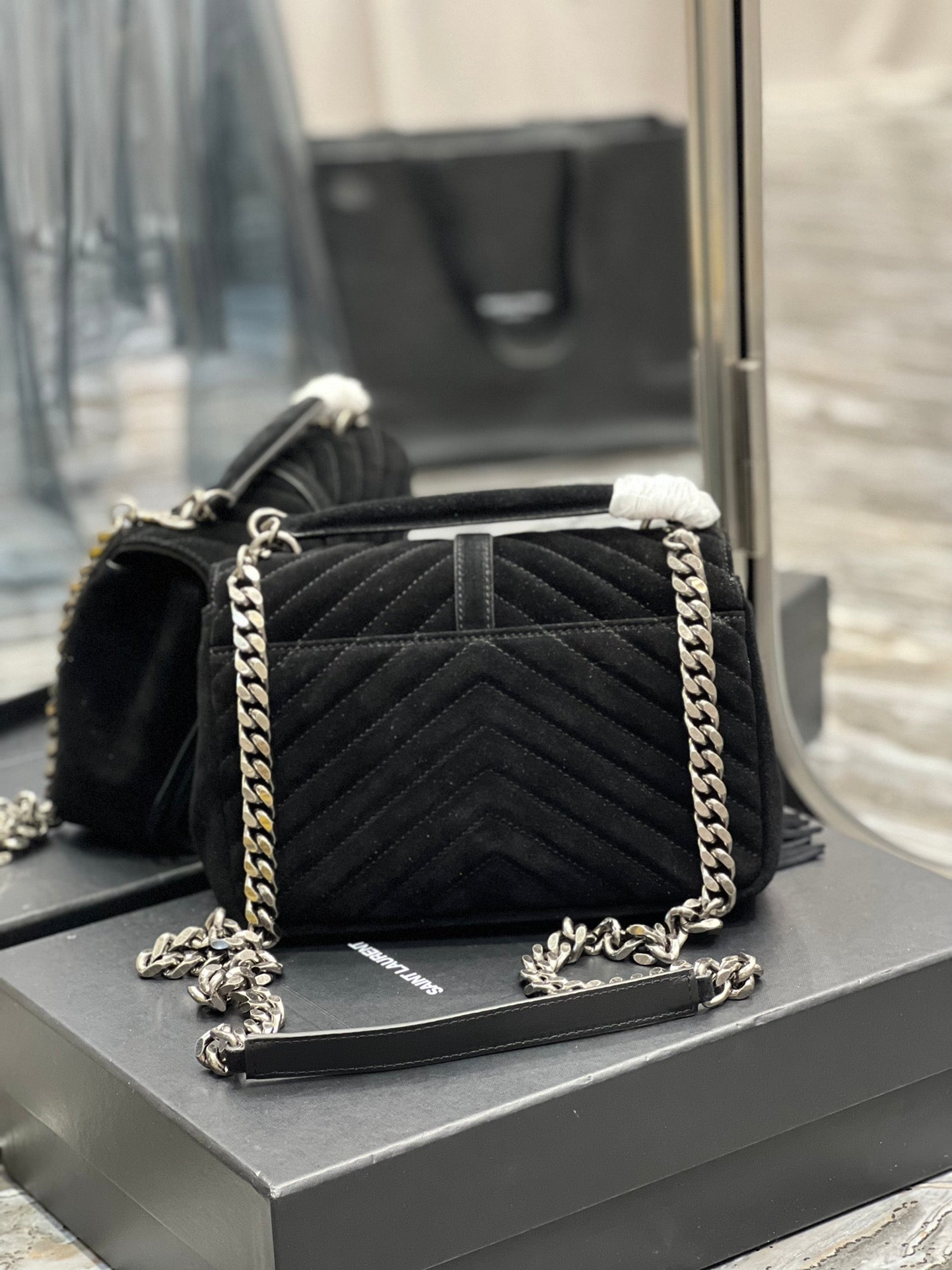 [TOP] Y$L College Fringe Suede Small Bag - Black SHW - Ysl Yves Saint Laurent