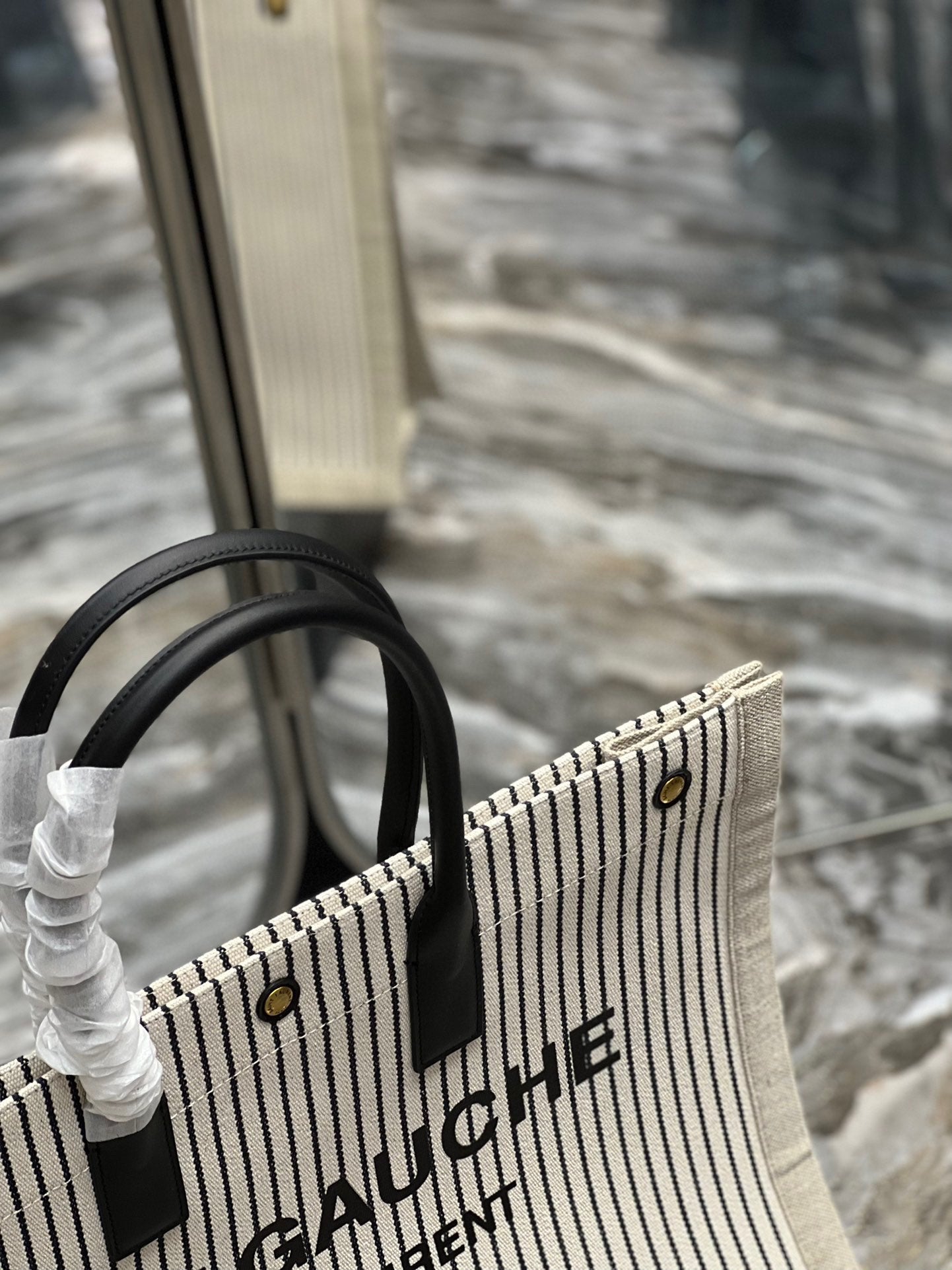 [TOP] Y$L Rive Gauche Canvas Tote Bag - Tan Black Stripes - Ysl Yves Saint Laurent