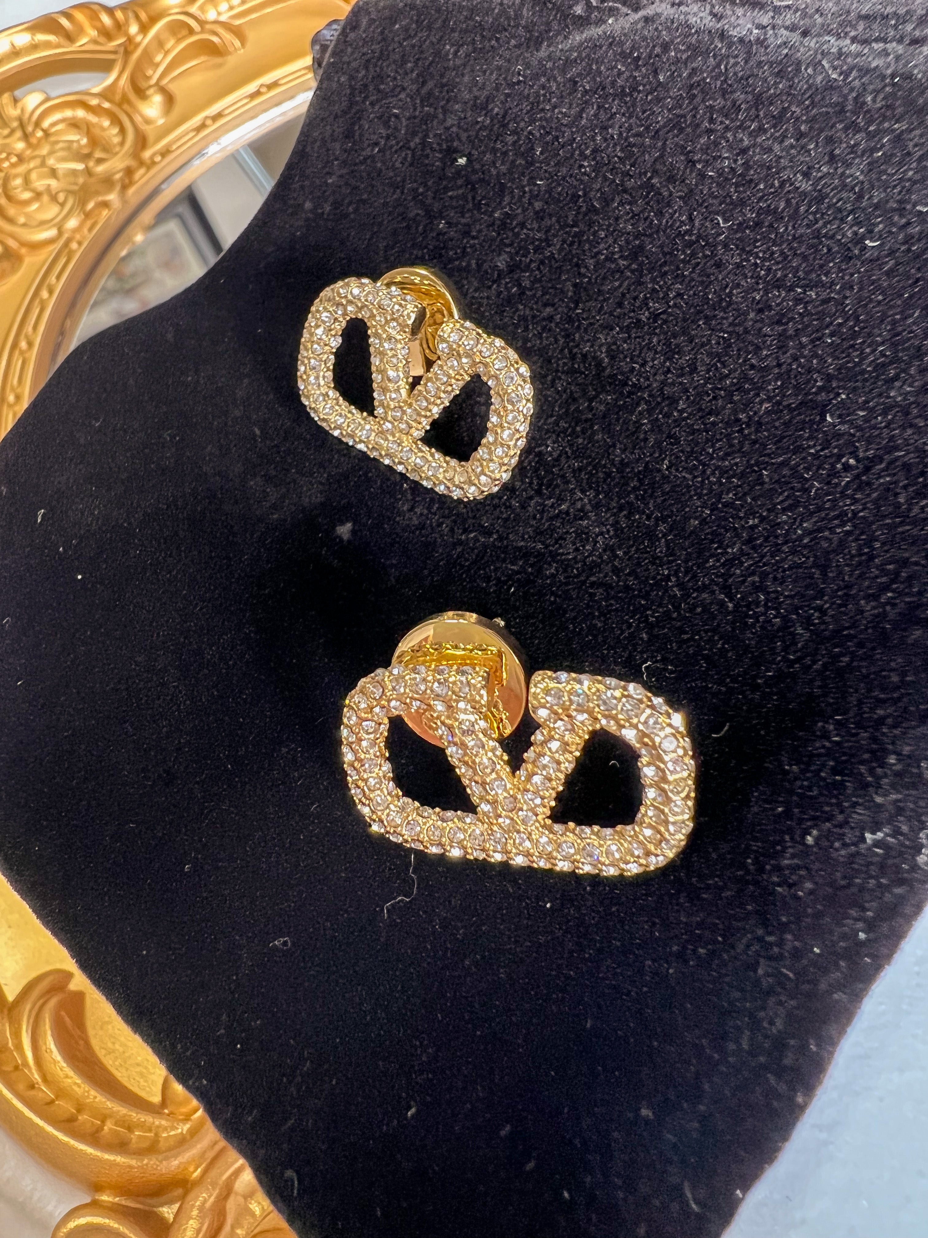 [TOP] V@LENTINO V*lentino V Stud Earrings w Crystal - Gold - Valentino