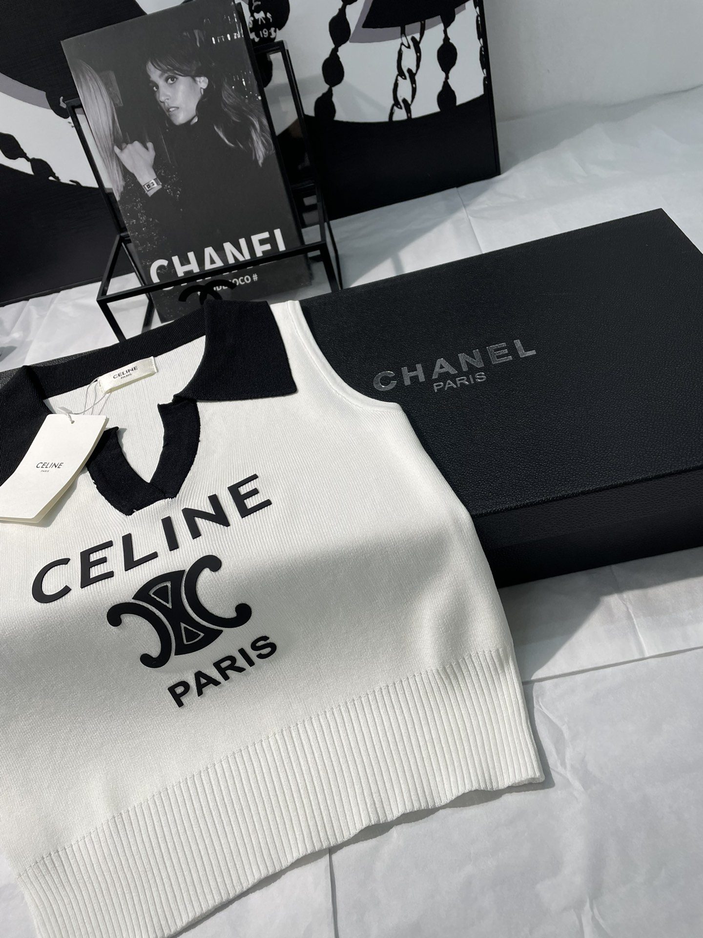 [TOP] C€LINE Knitted Vest - Black and White - Celine