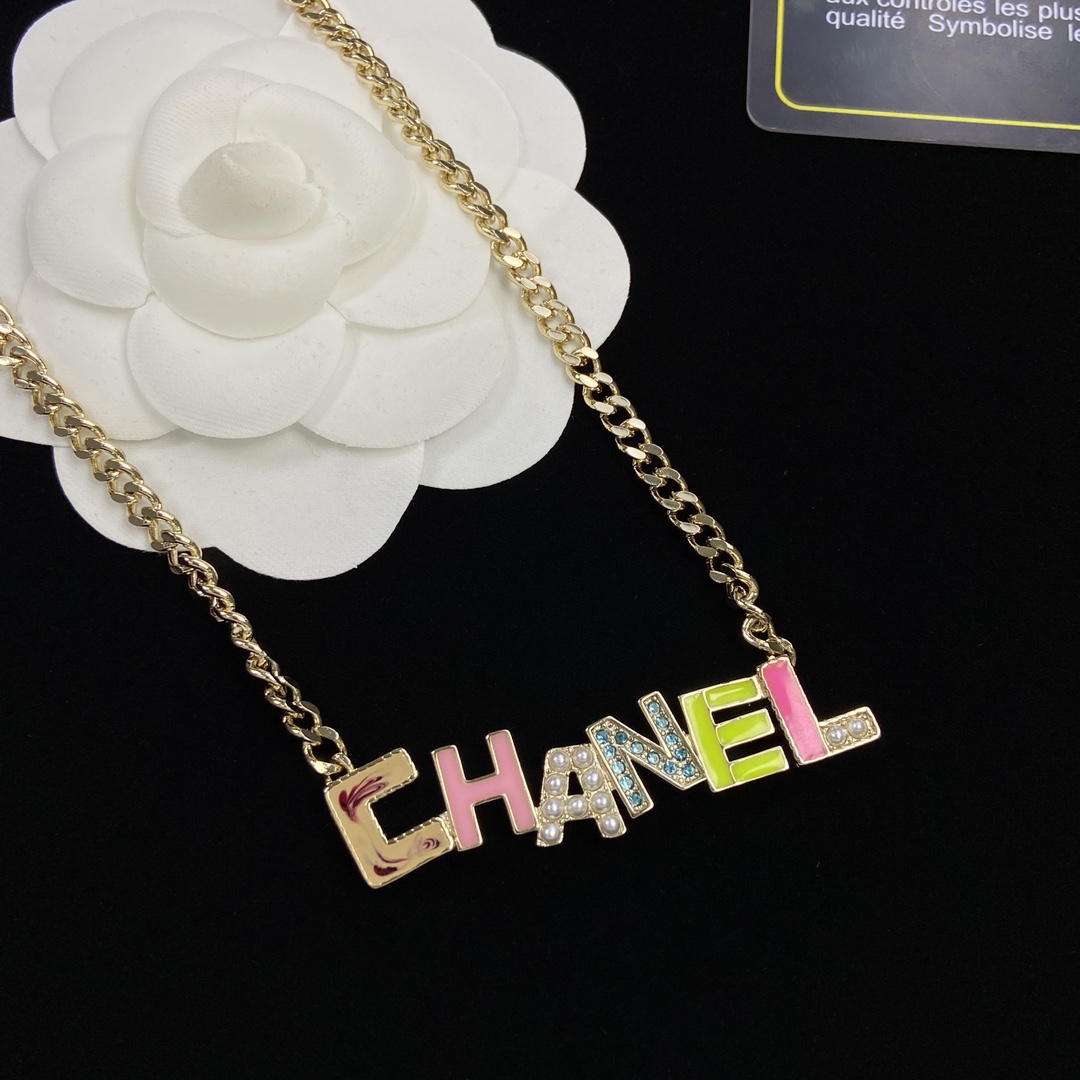 [Top] CH@NEL Colorful Letter/Gold Chain Necklace - Chanel
