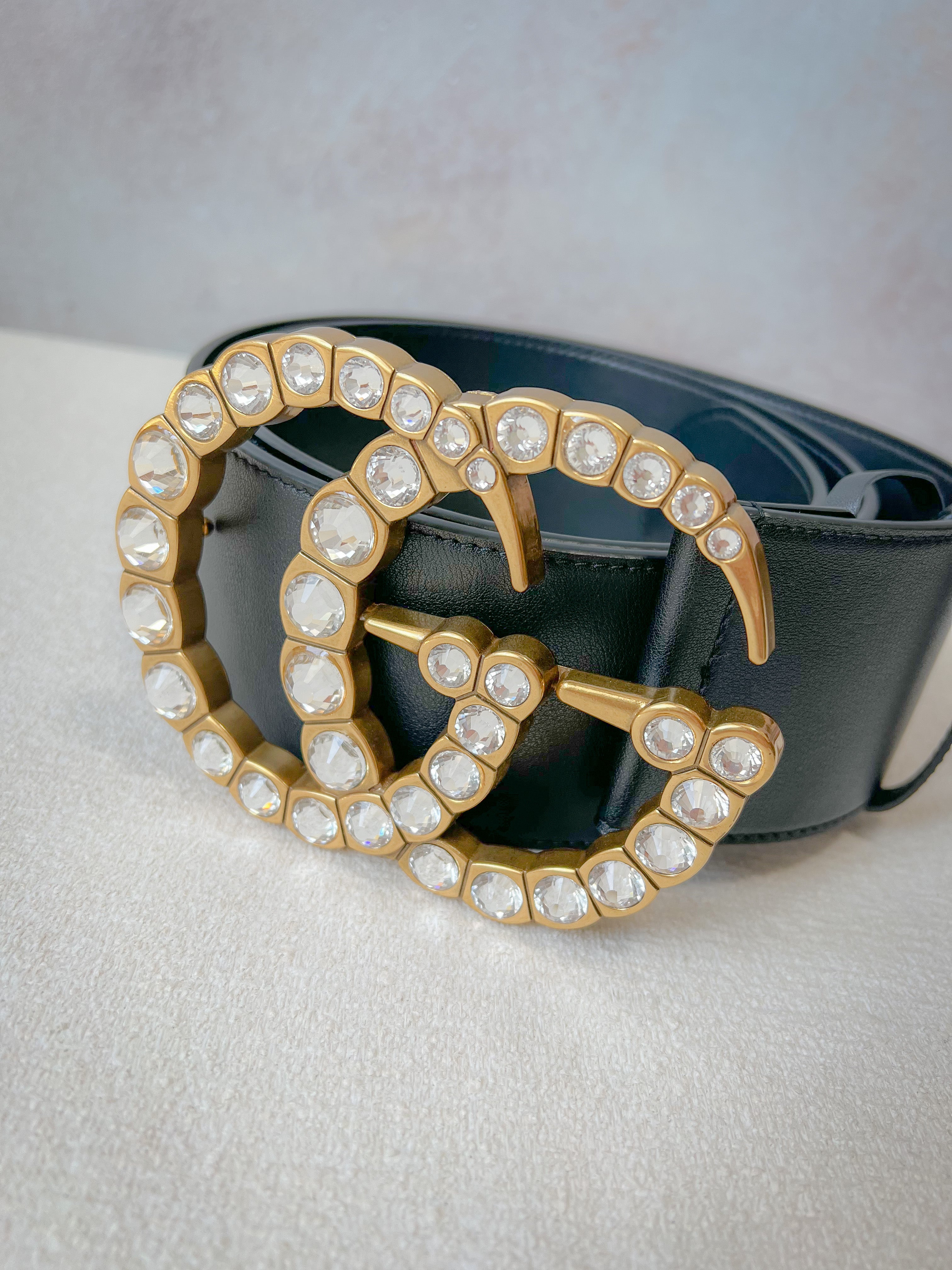 [TOP] GUCC! Leather Belt w Crystal Double G Buckle  - Black - Gucci