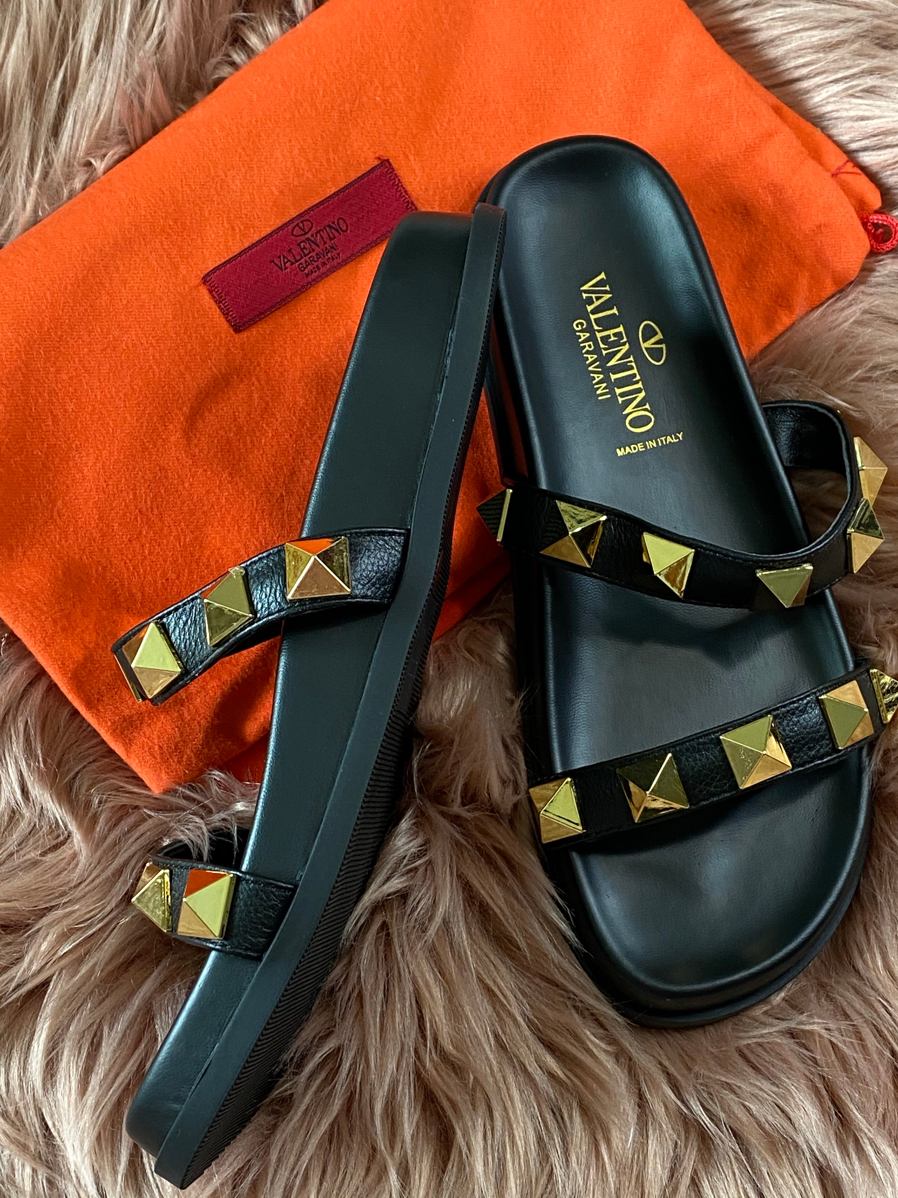 [TOP] V@LENTINO Valentino 2 Band Rock Studs Slides - Black - Valentino