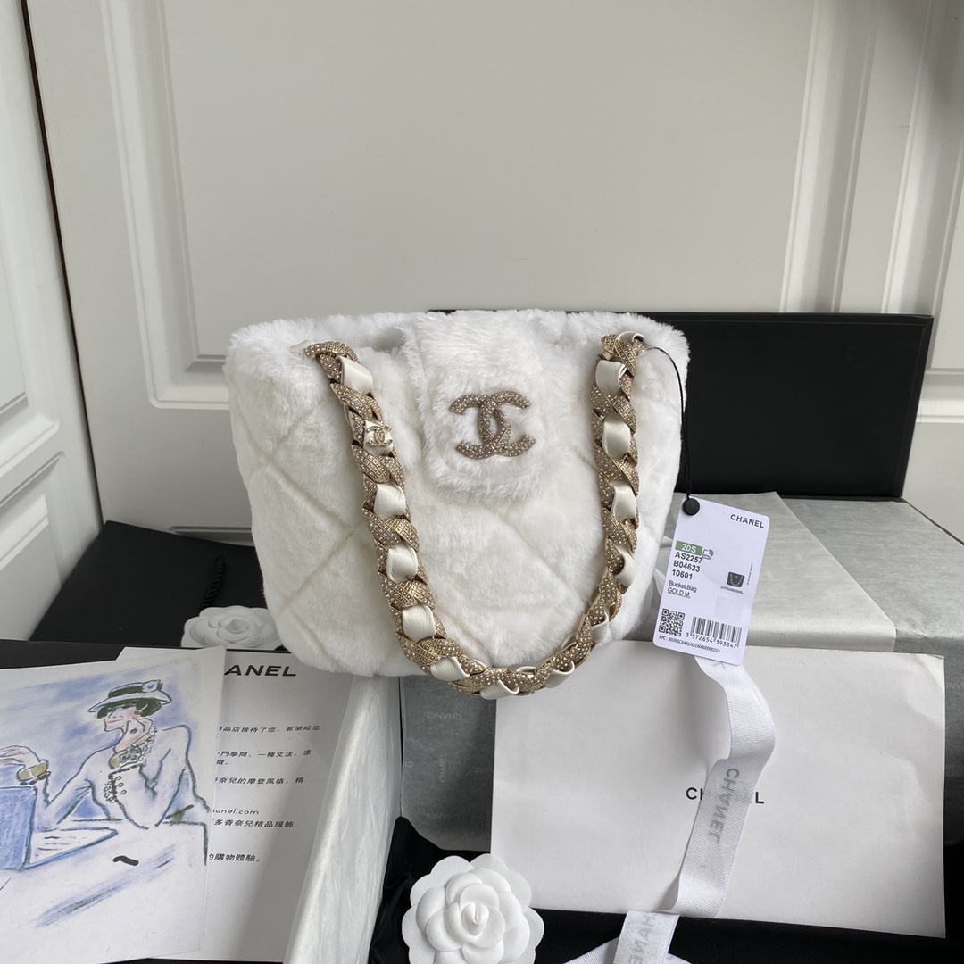 [TOP] CH@NEL Plush Bucket Bag - GHW - Black/White - Chanel
