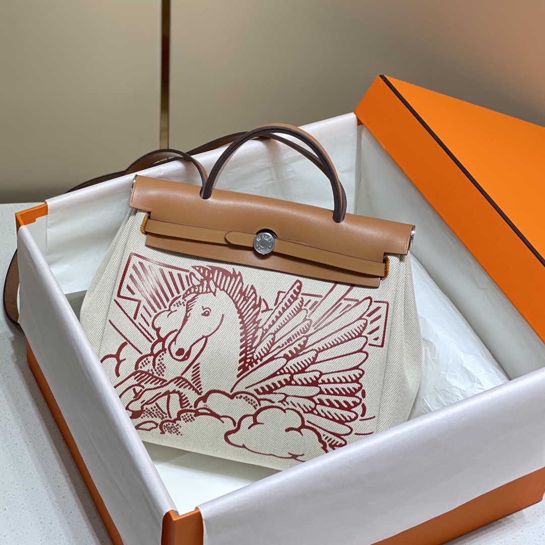 [TOP] H€RMES Herbag Zip Canvas Handbag - Black Brown - Hermes