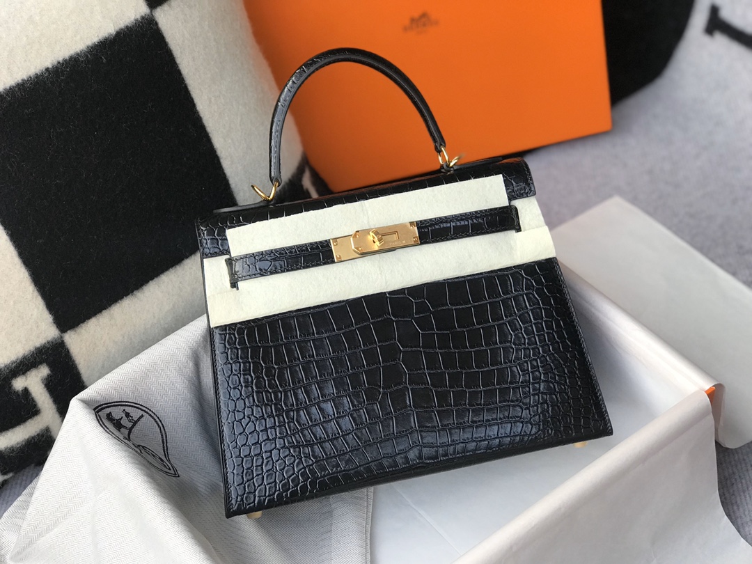 [TOP] H€RMES Crocodile Kelly  Bag 25cm  28cm - Black&GHW - Hermes