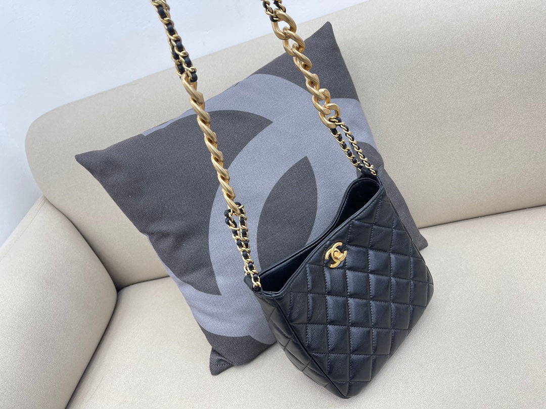 [TOP] CH@NEL Hobo Bag Chain Leather Strap Small - Black - Chanel