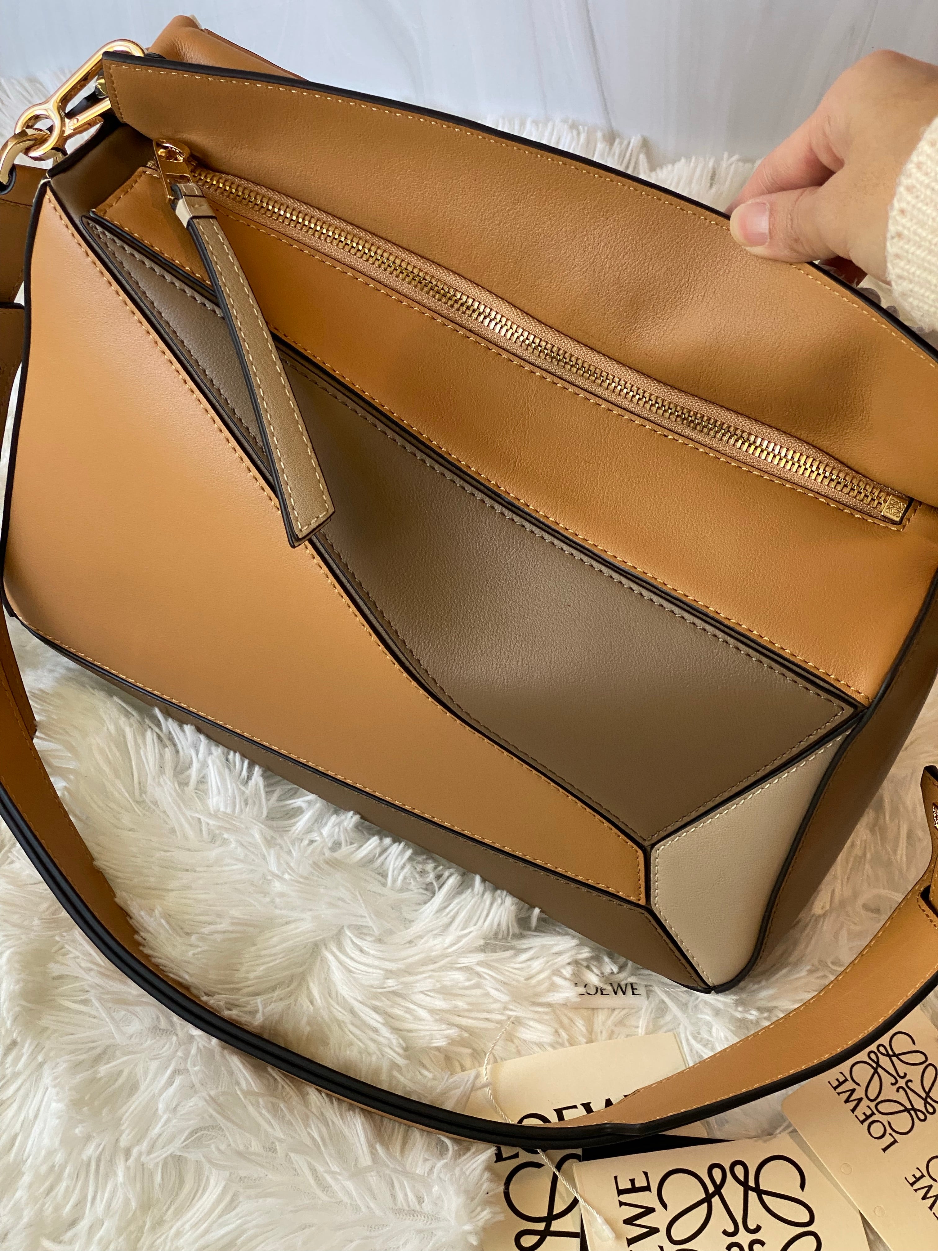 [TOP] LOEW€ Tricolor Puzzle Medium Bag - Brown Grey Cream - Loewe