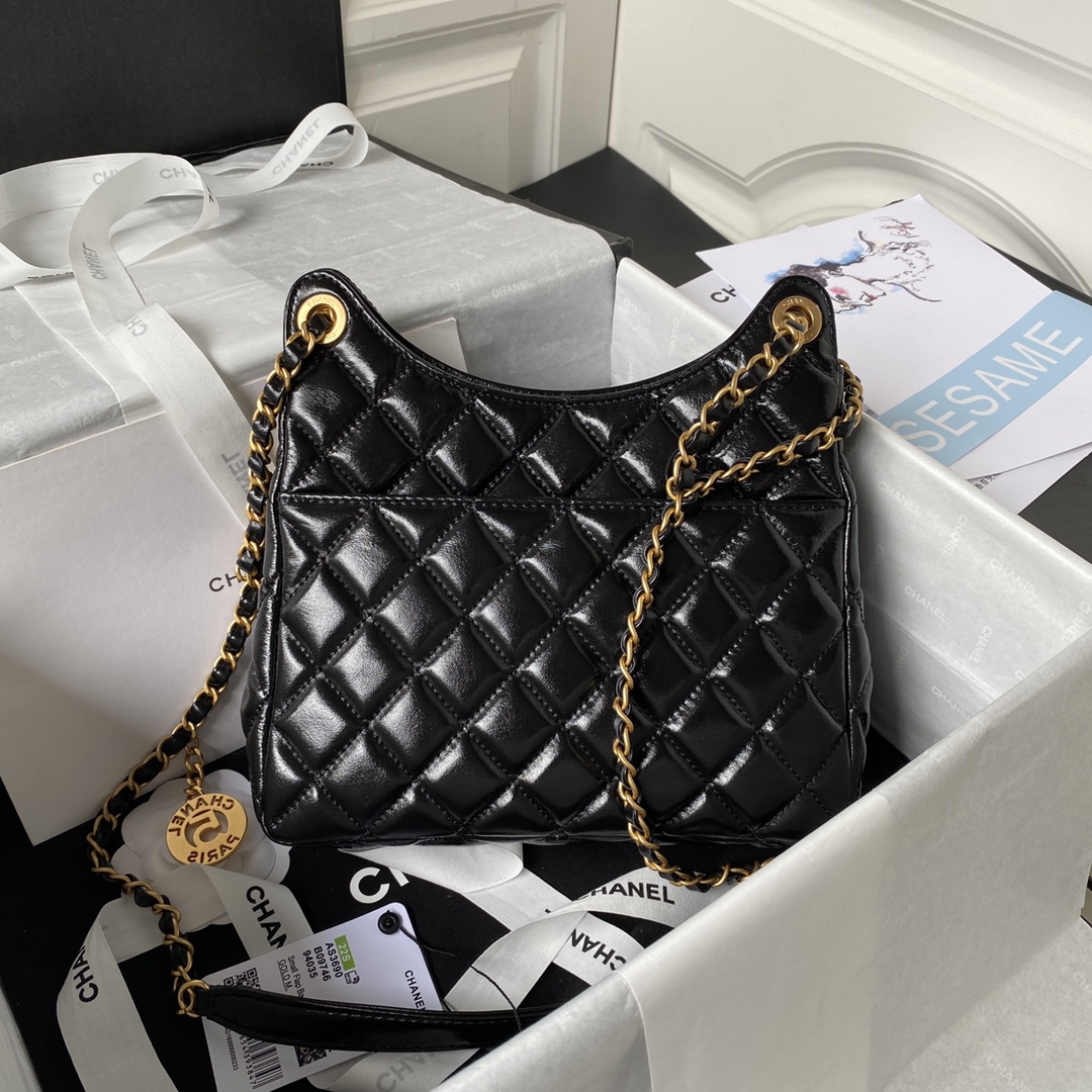 [TOP] CH@NEL Wax Skin Hobo Bag - GHW - Black - Chanel
