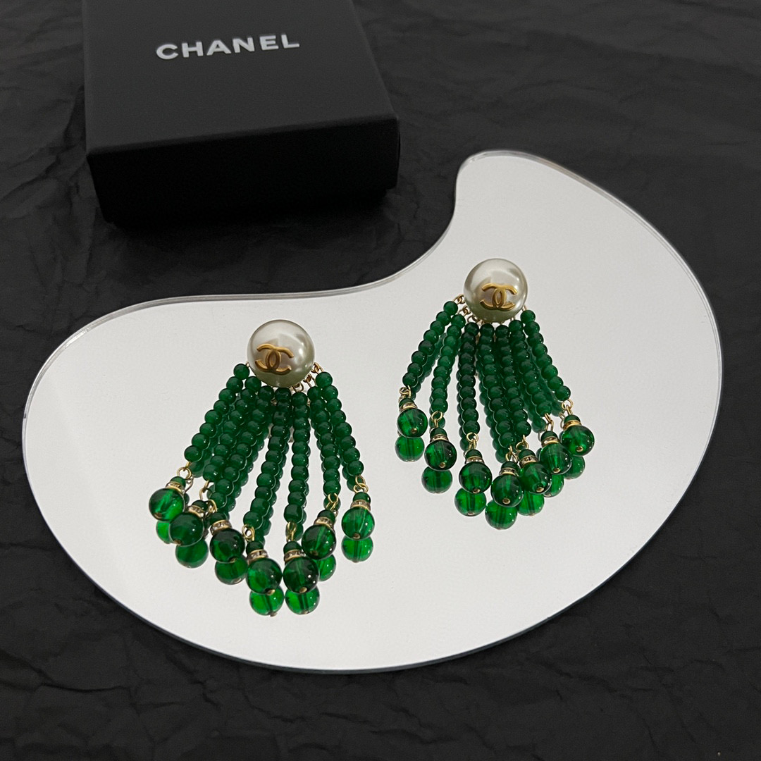 [TOP] CH@NEL Retro Pearls Earrings - Green/White - Chanel