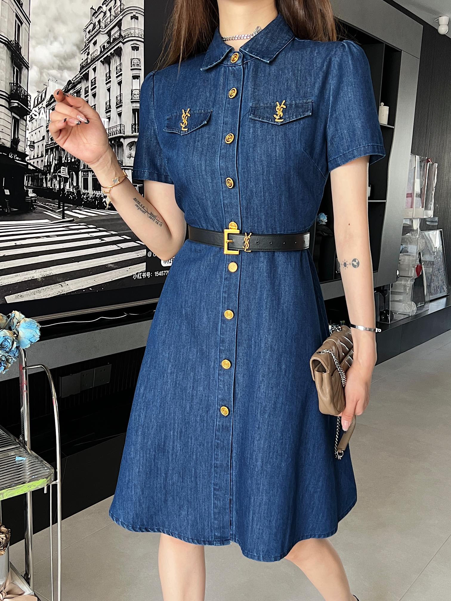 [TOP] Y$L Denim Dress with Belt - Ysl Yves Saint Laurent