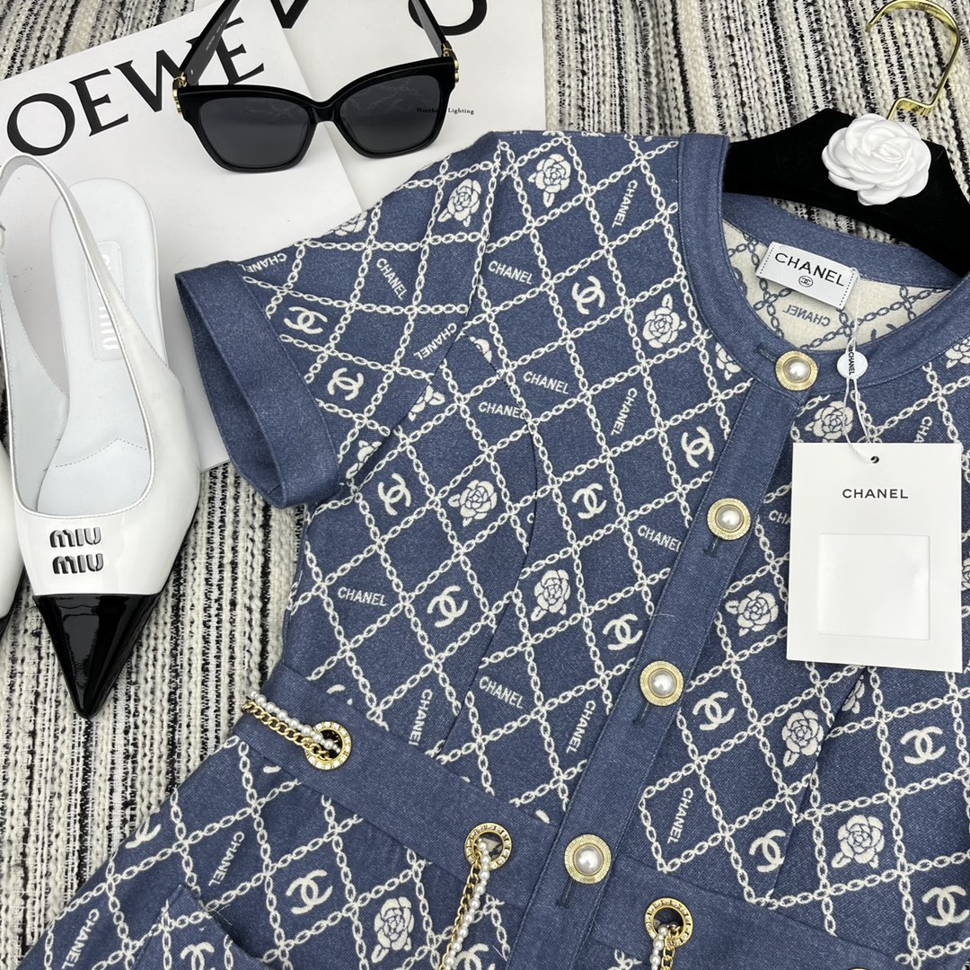 [TOP] CH@NEL Denim Short Sleeve Dresses - Blue - Chanel
