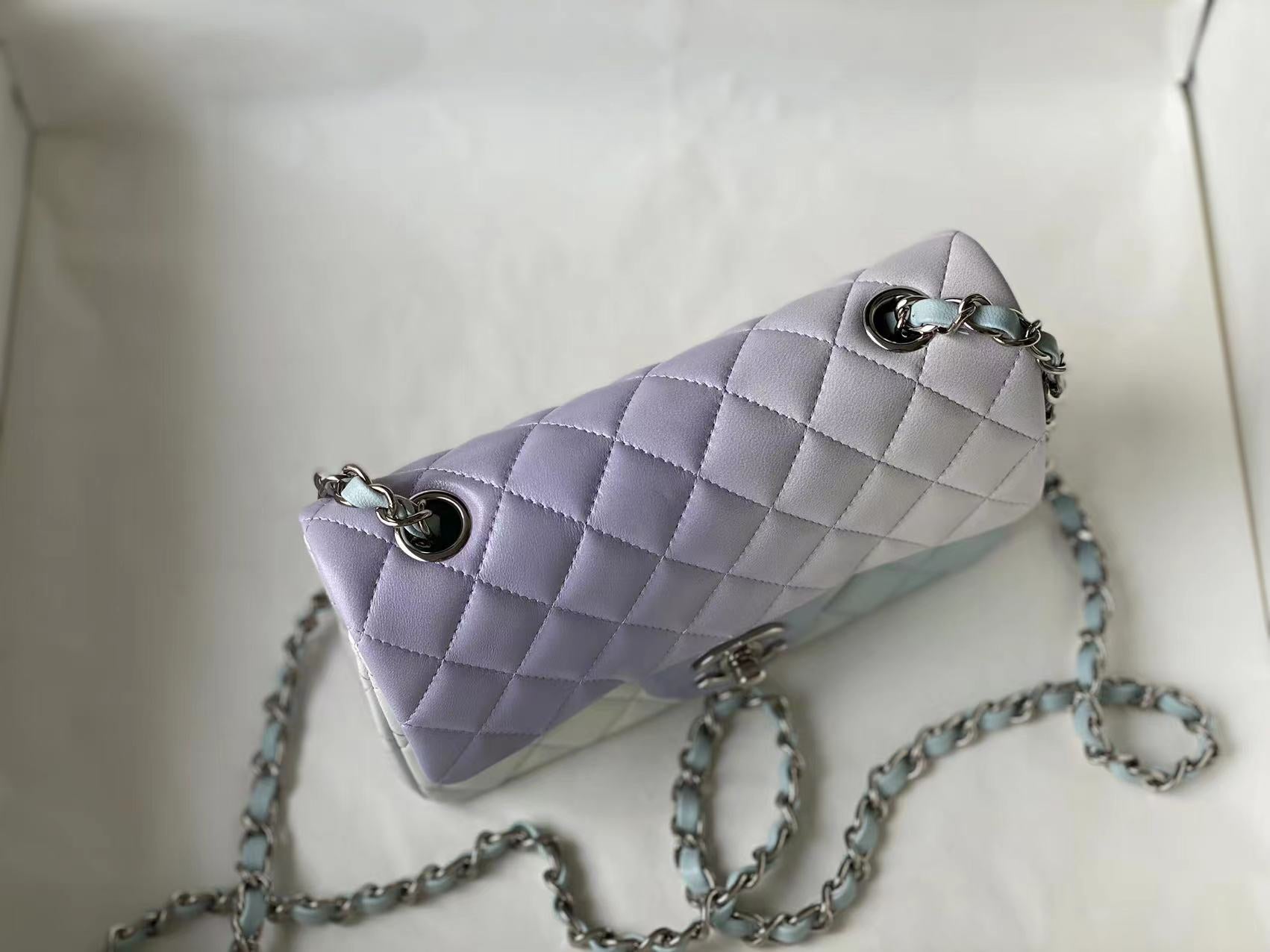 [TOP] CH@NEL Classic Flap Bag Perforated Lambskin Mini Rectangular - Light Blue Light Purple & White - Chanel