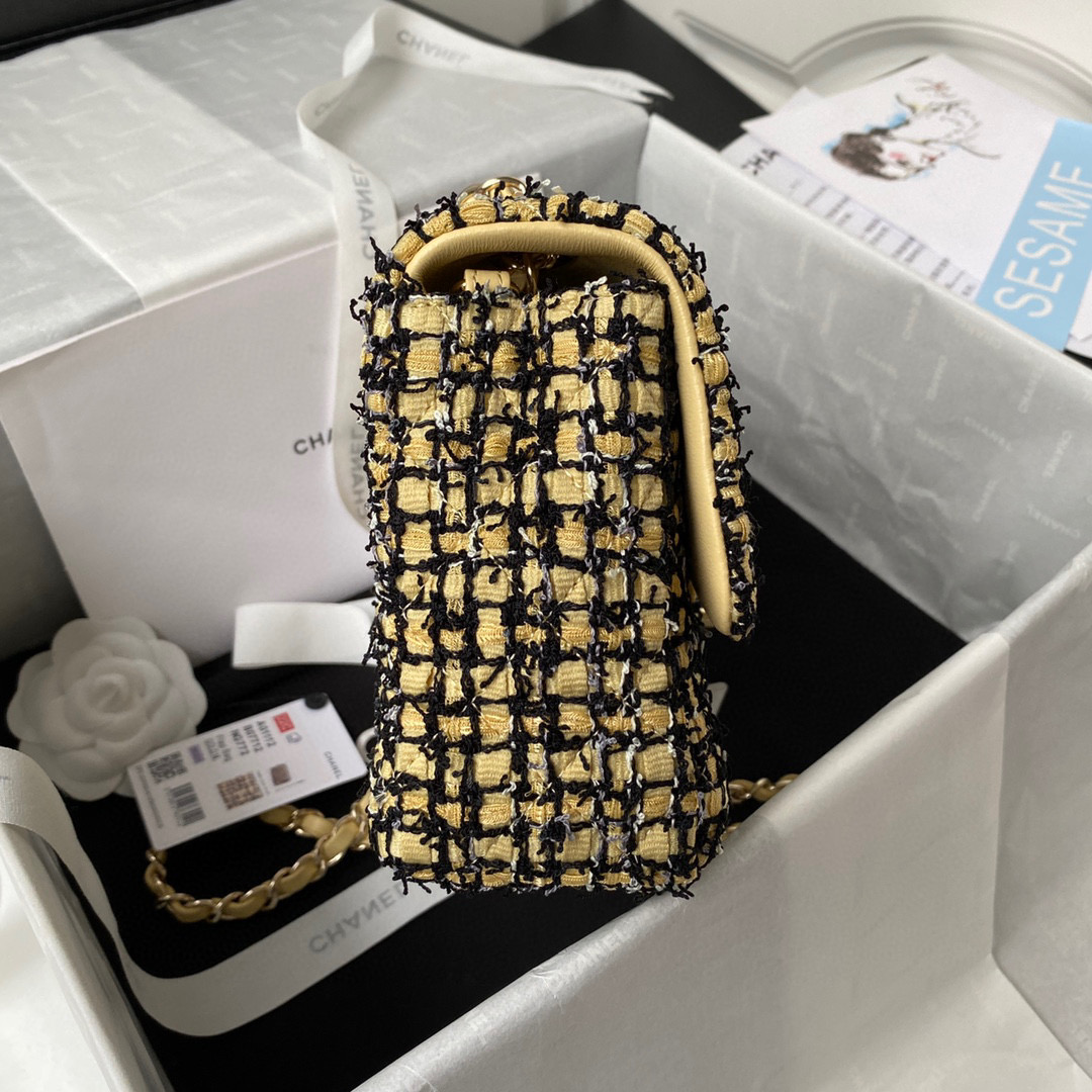 [TOP] CH@NEL Classic Flap Bag Tweed Medium 25.5cm - Yellow &  GHW - Chanel