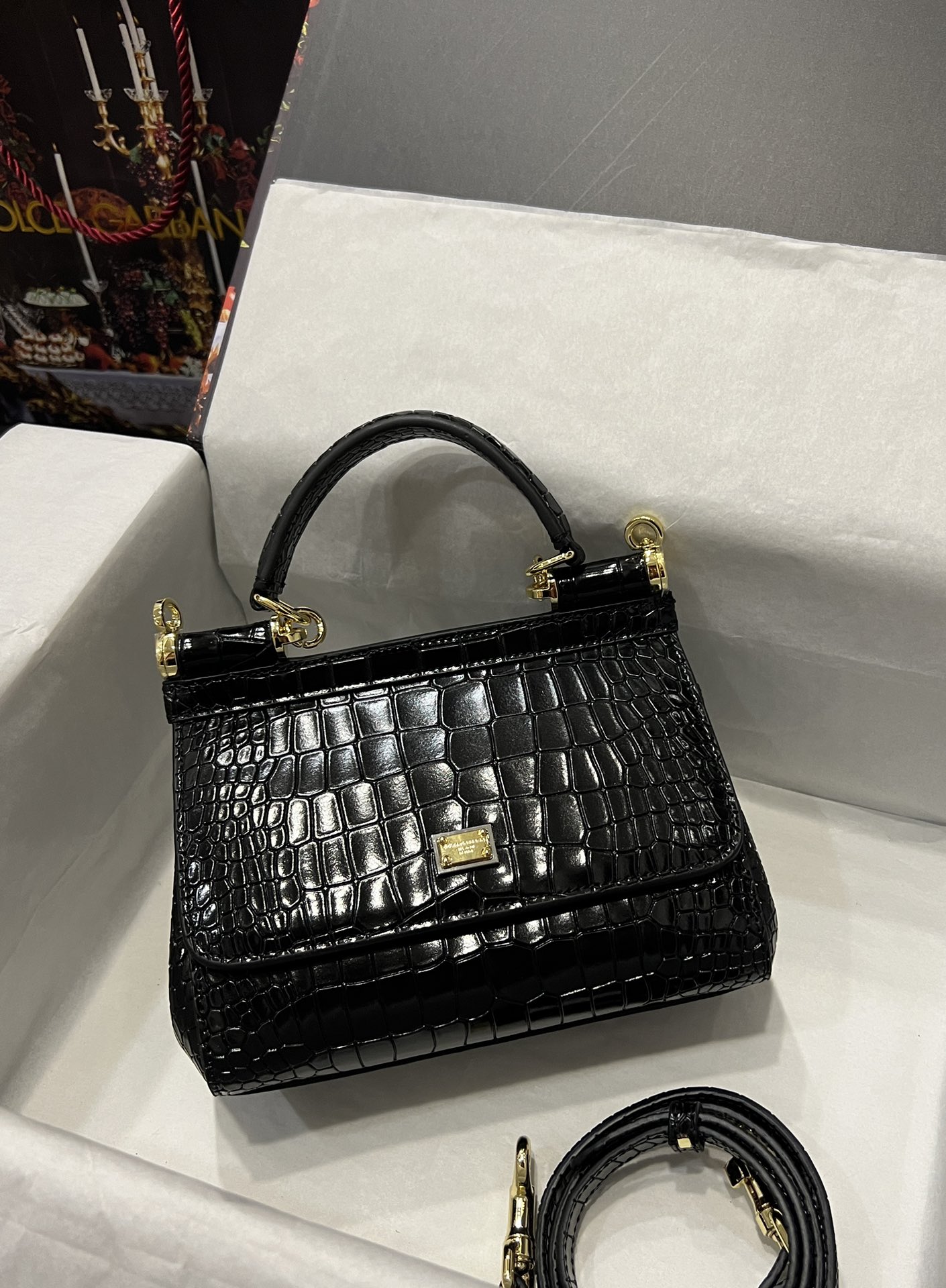[TOP] D^G Crocodile-print Calfskin Handbag -  Black - Dolce&Gabbana