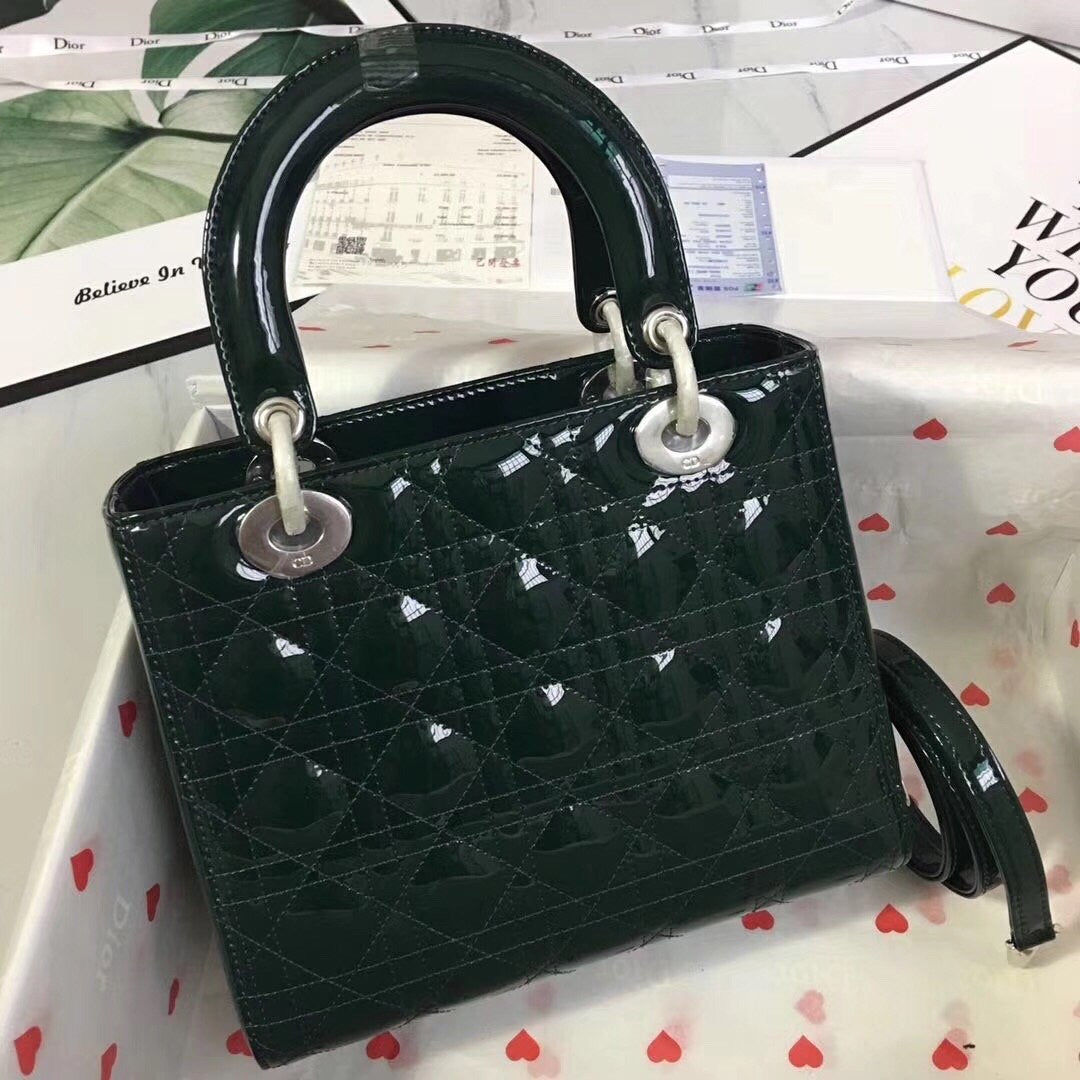 [TOP] D!or Lady Christian Dior Bag Patent Cannage Medium - Dark Green SHW - Christian Dior