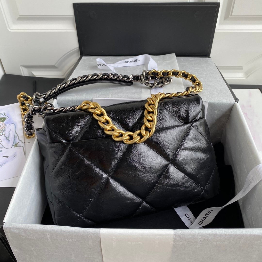 [TOP] CH@NEL 19 Bag Shiny Goat Skin Medium 30CM - Black & GHW - Chanel