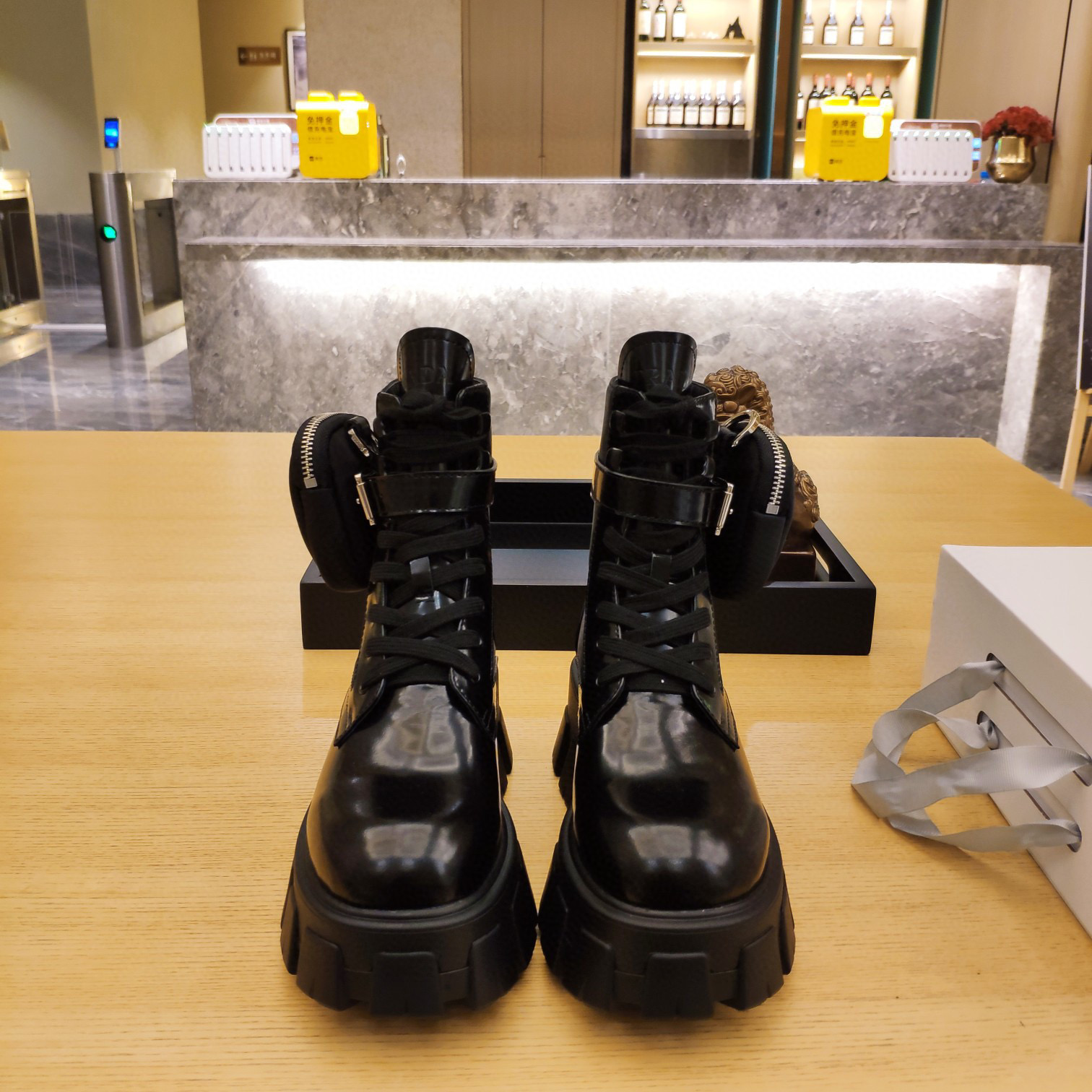 [TOP] PR@DA Monolith Patent Leather and Nylon Ankle Boots With Small Bas - Black - Prada