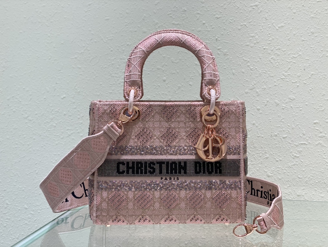 [Top] D!or MINI LADY D-LITE BAG Gold & Pink & Apricot silk embroidery 3 colors - Christian Dior