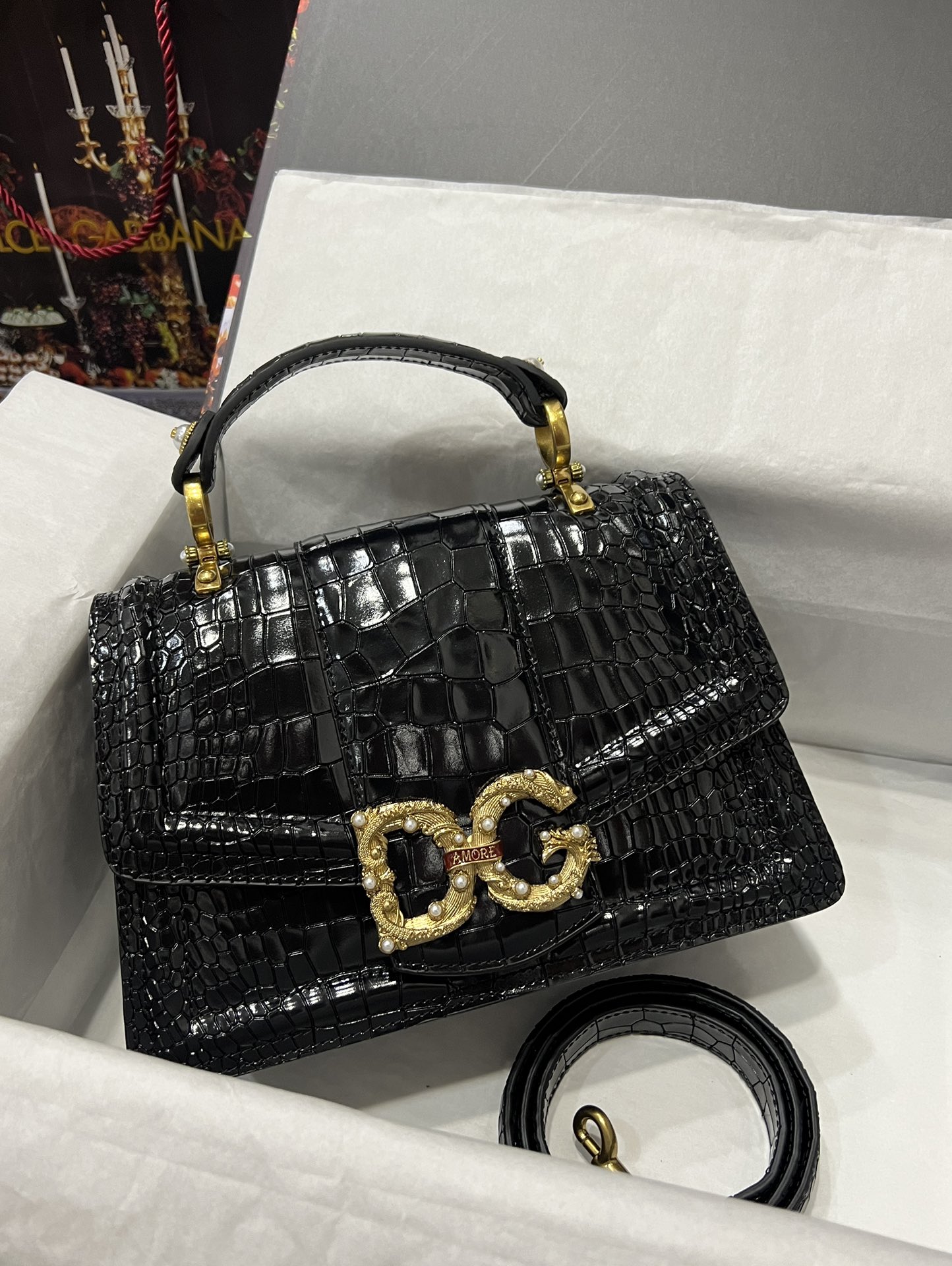 [TOP] D^G  Crocodile-Print Calfskin DG Girls Handbag - Dolce&Gabbana