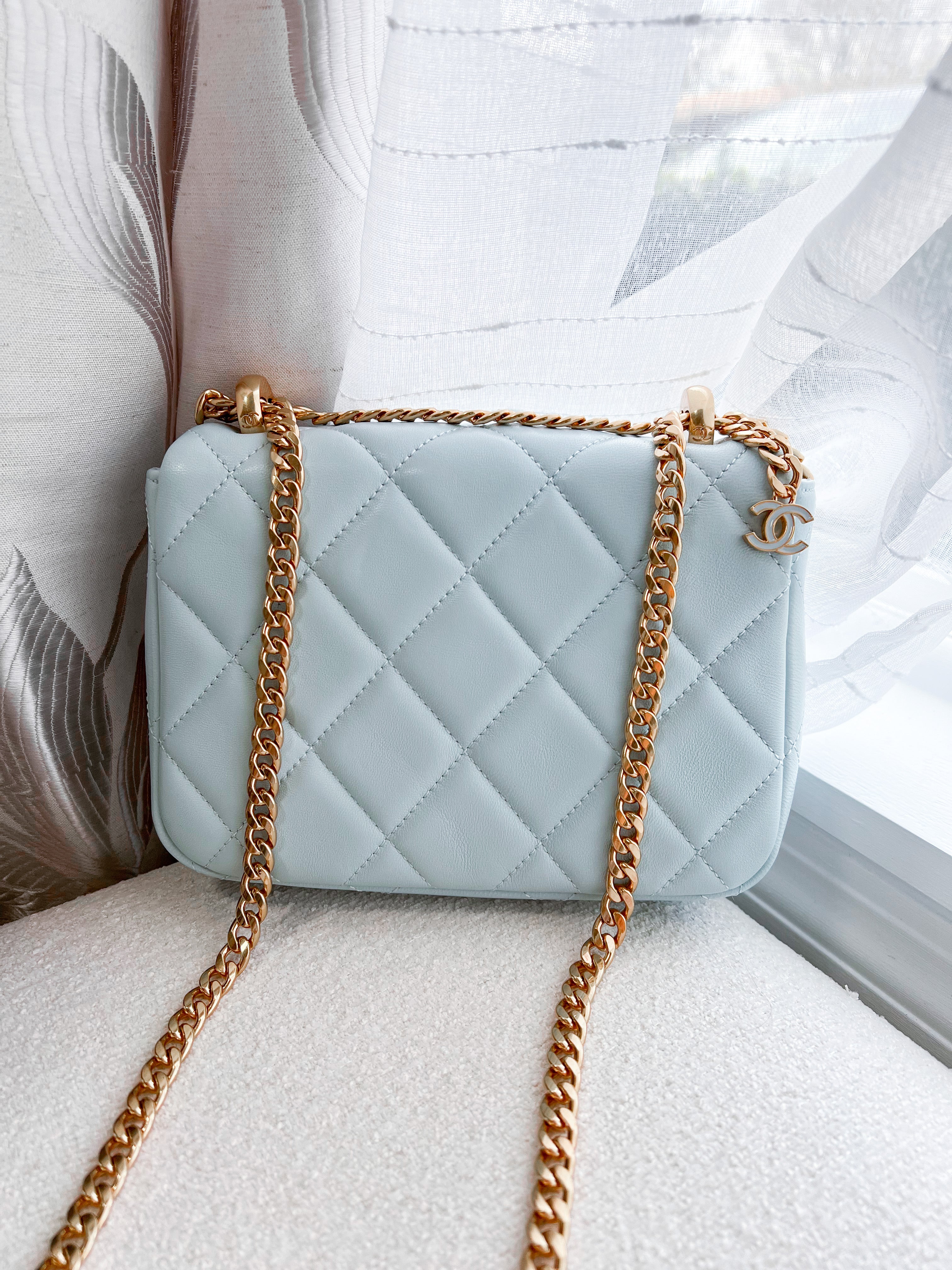 [TOP] CH@NEL Flap Bag Adjustable Chain w Enamel Double C Mini - Light Blue - Chanel