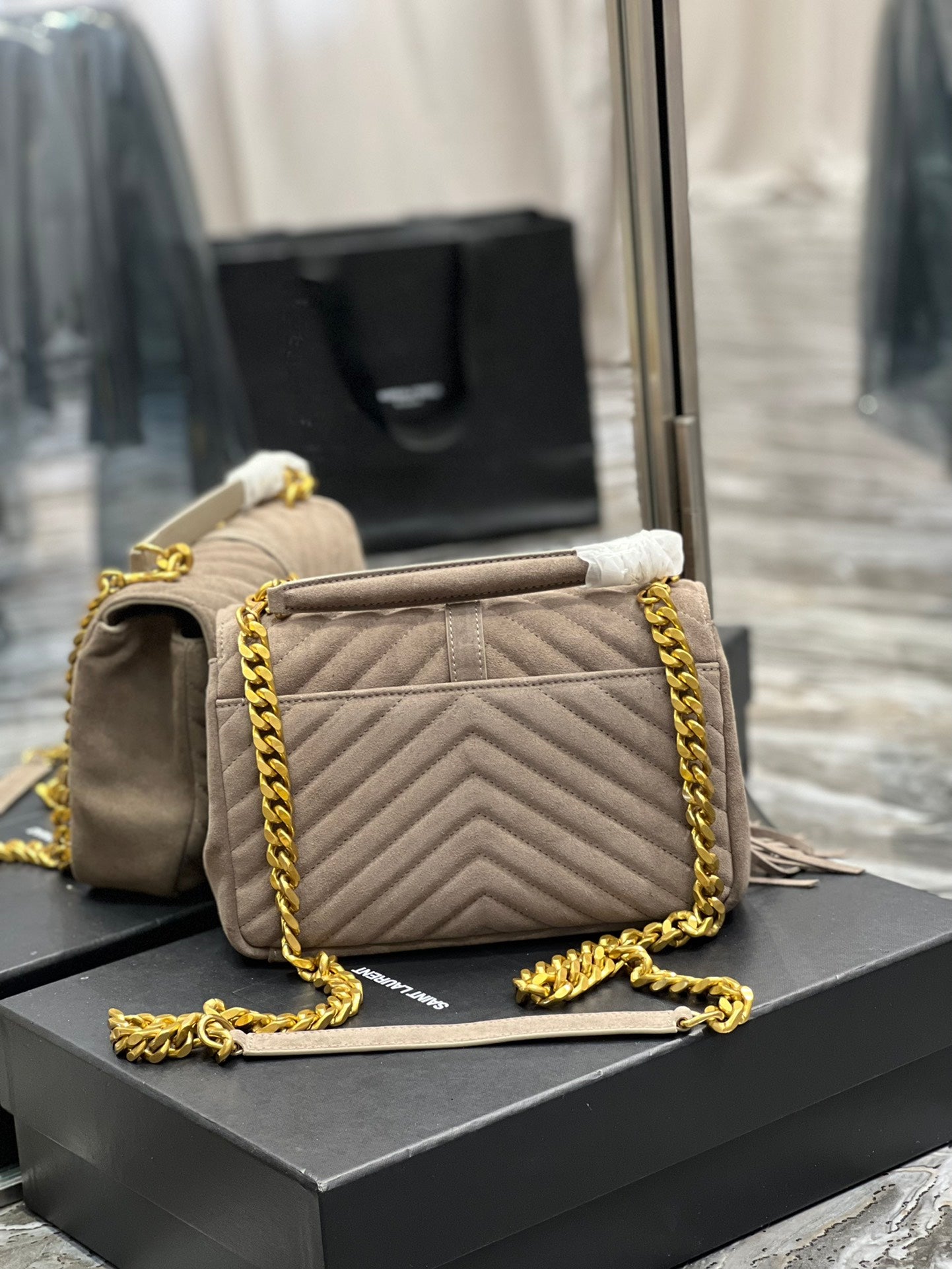 [TOP] Y$L College Fringe Suede Small Bag - Dusty Grey GHW - Ysl Yves Saint Laurent
