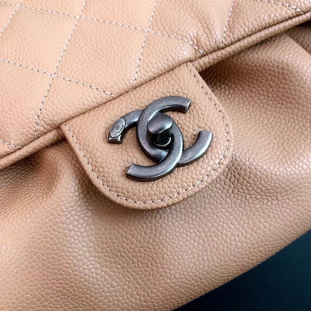 [TOP] CH@NEL Classic Flap Flat Bag - Beige - Chanel