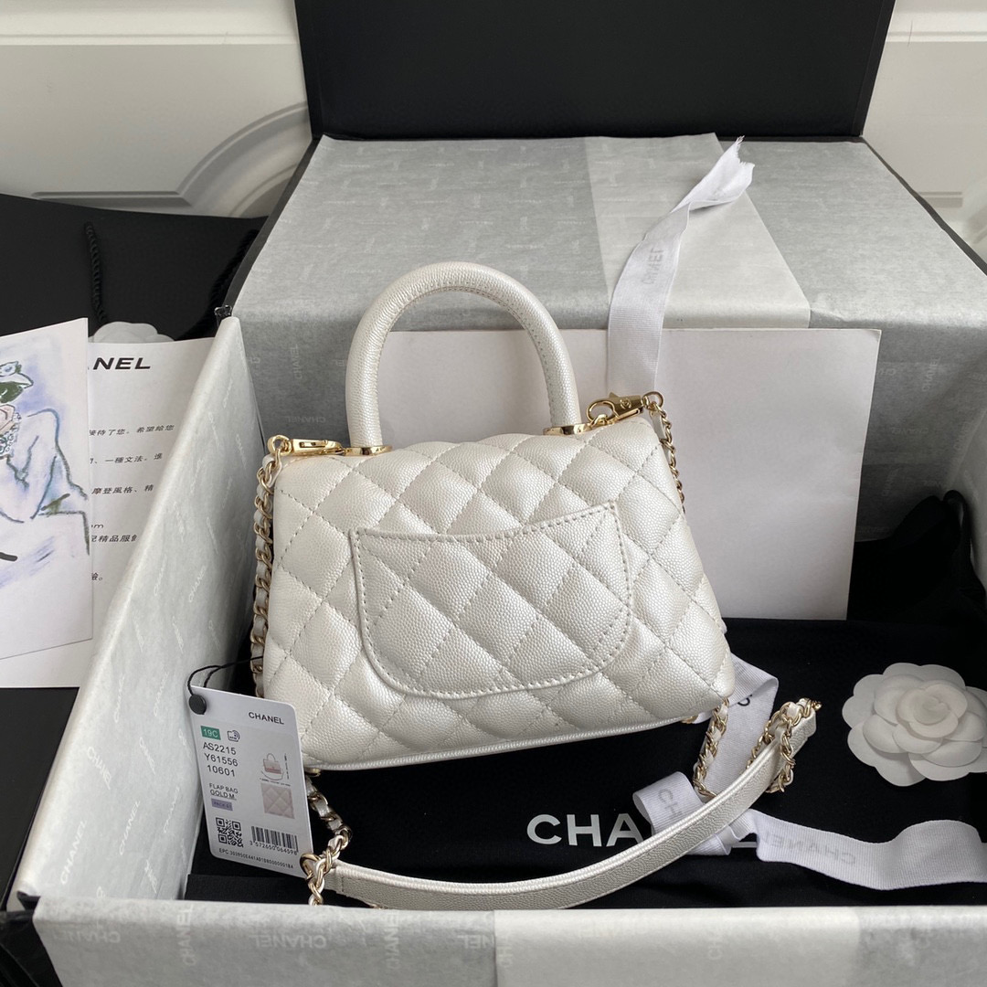 [TOP] CH@NEL CoCo Handle Bag Carviar Small 19cm - Pearl White & GHW - Chanel