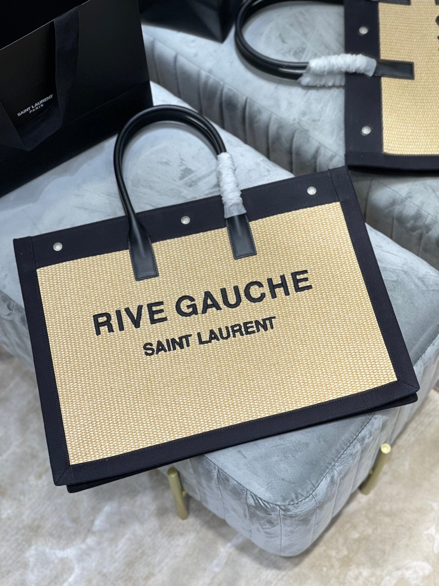[TOP] Y$L Rive Gauche Straw Tote Bag - Black - Ysl Yves Saint Laurent