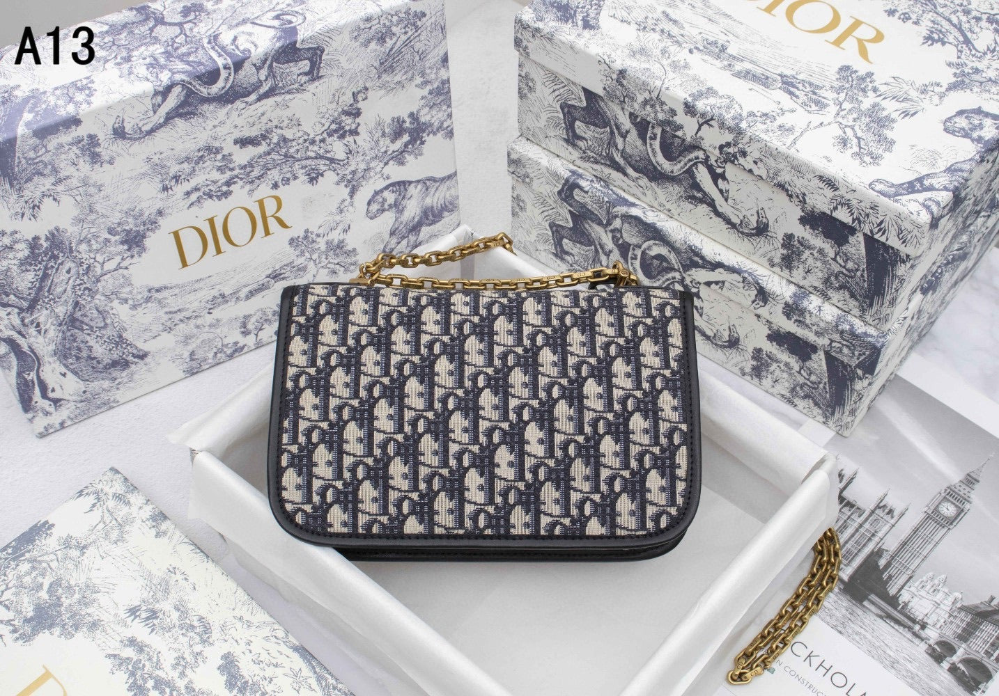 [TOP] D!or Shoulder Flap Bag Oblique Canvas Chain - BLUE - Christian Dior