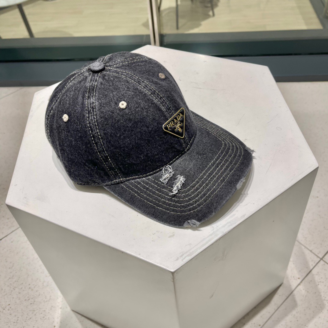[TOP] PR@DA Denim Ripped Baseball Cap - 4 Color - Prada