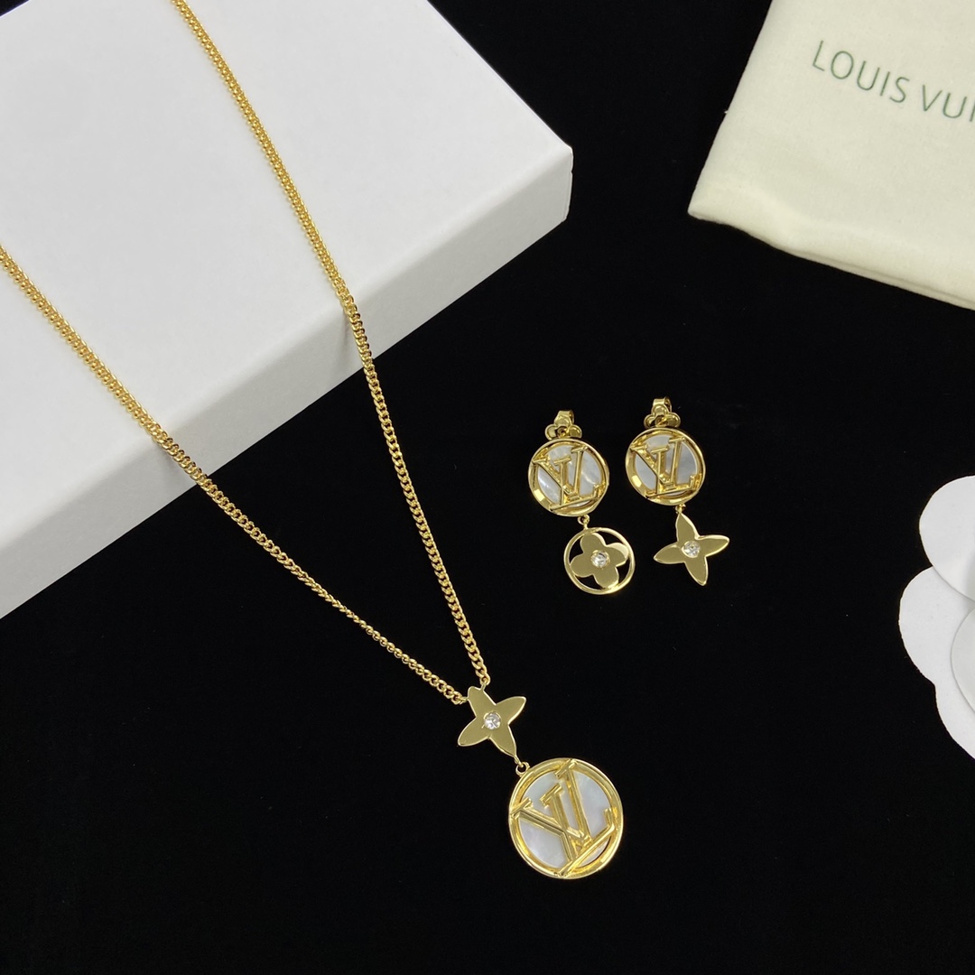 [TOP] L&V Necklace Earrings Set - Gold - LV Louis Vuitton