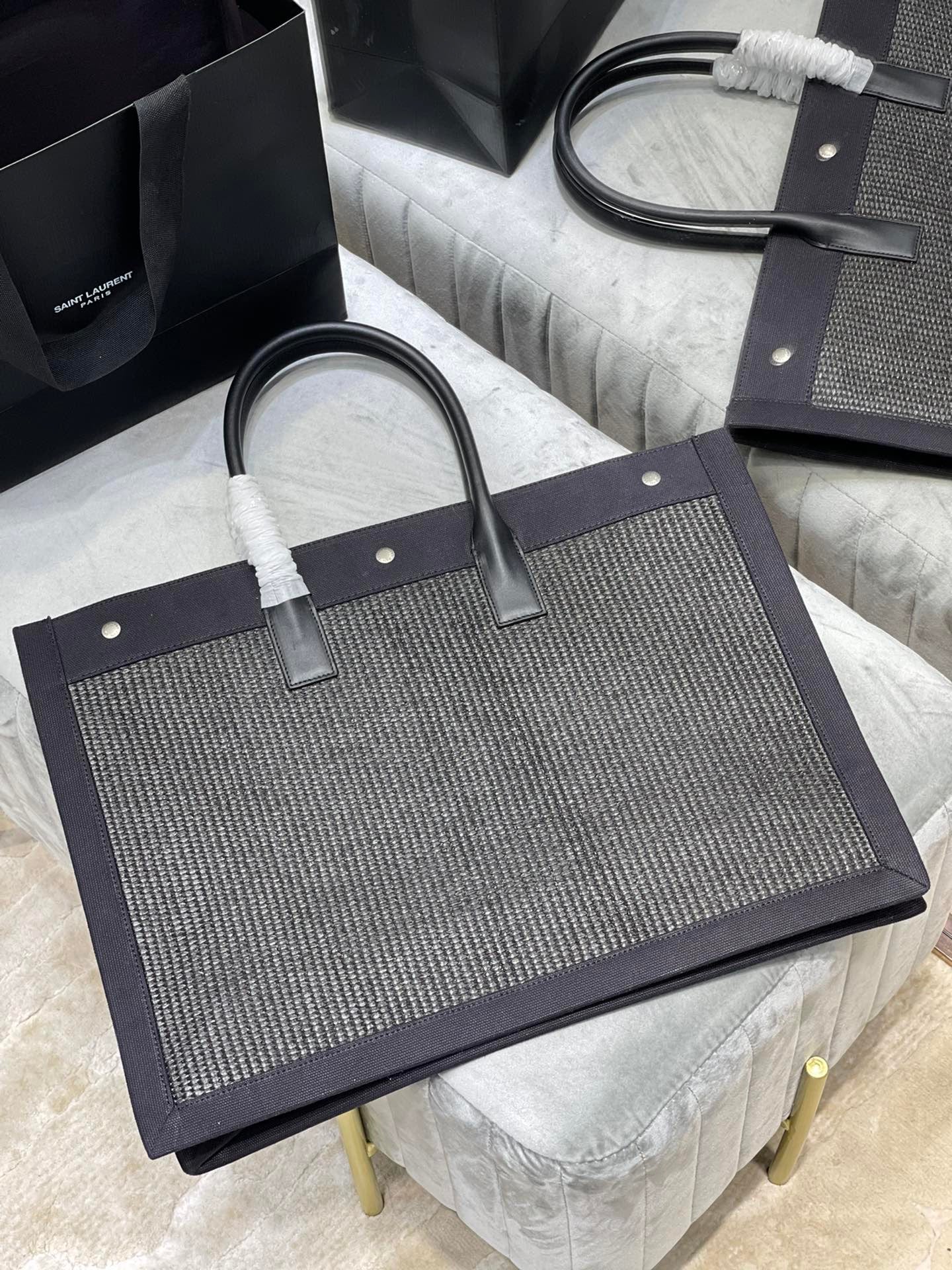 [TOP] Y$L Rive Gauche Straw Tote Bag - Black - Ysl Yves Saint Laurent