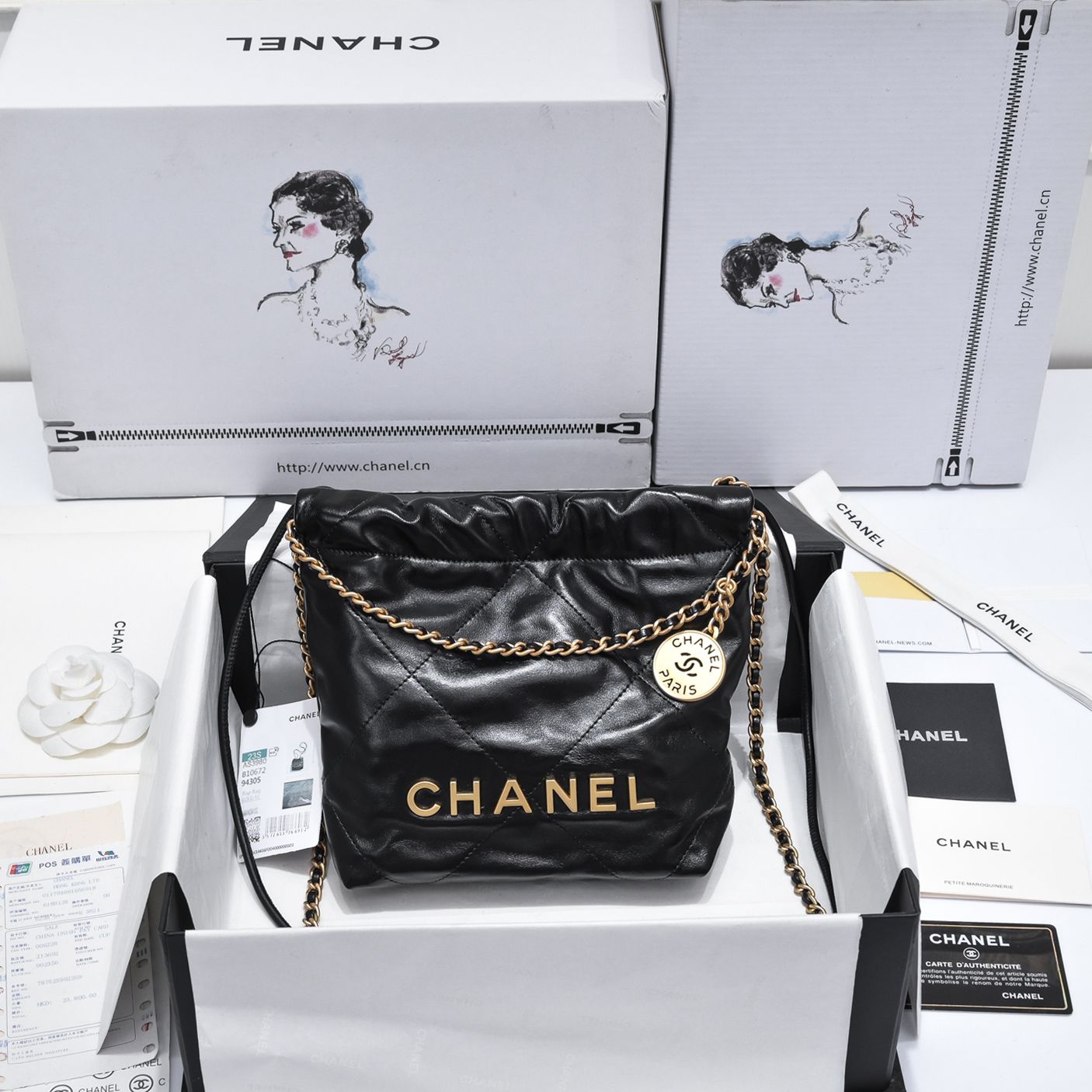 [TOP] CH@NEL 23S Mini 22 Bag - GHW / SHW - Black - Chanel