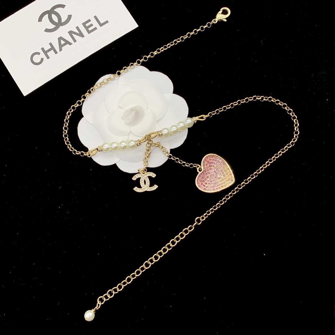 [TOP] CH@NEL Pearl/Gold Chain/Heart Necklace - Chanel