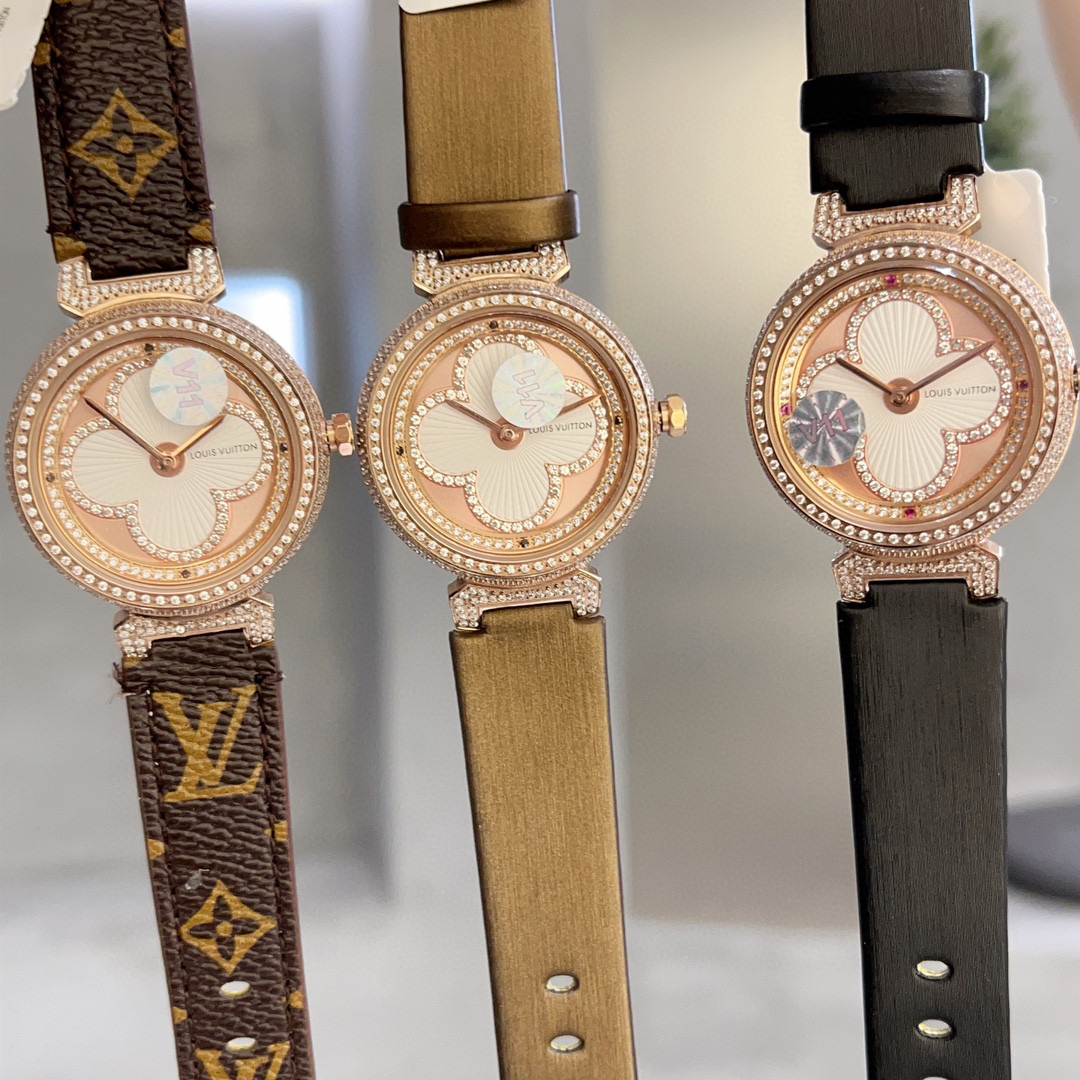 [TOP] L&V Tambour Slim Monogram Lady Watch Leather 36mm - 5 Colours - LV Louis Vuitton